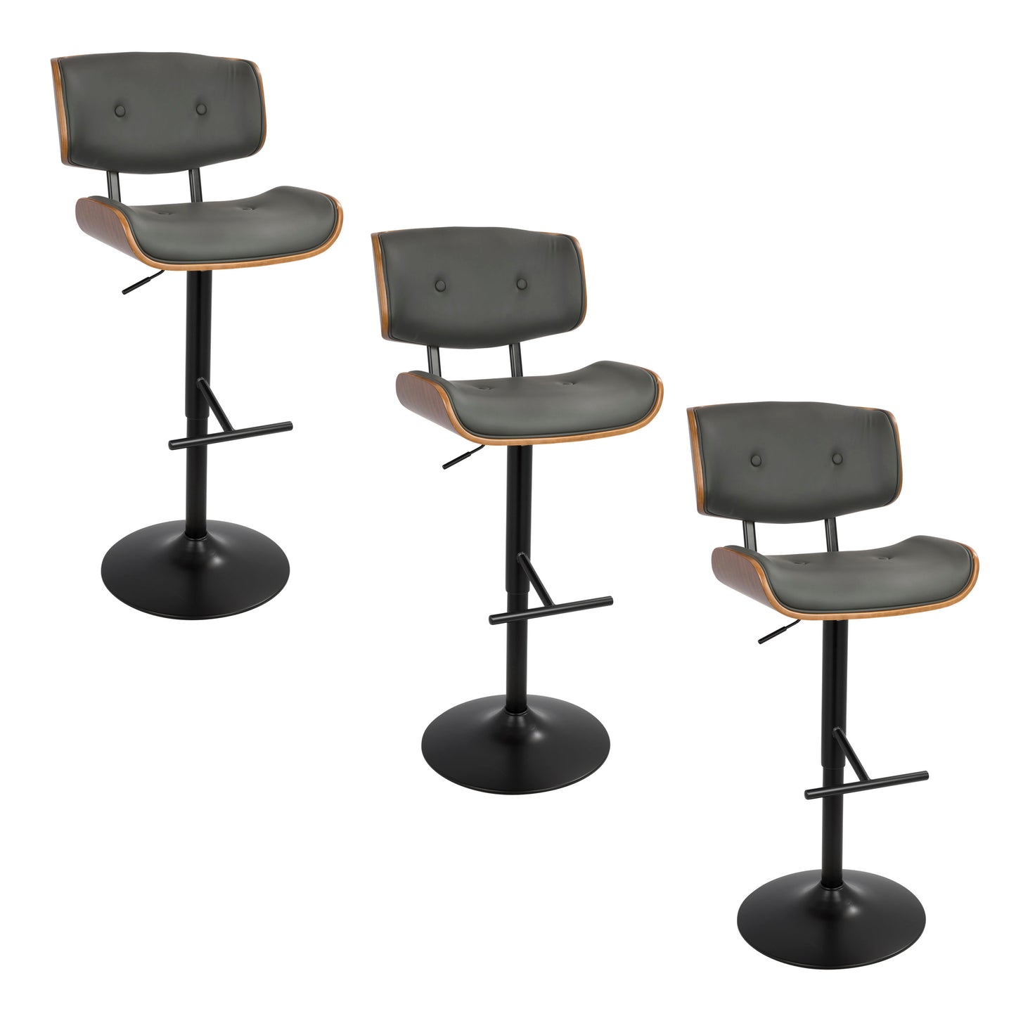 Mid-Century Modern Adjustable Barstool with Swivel in Black Metal, Walnut Wood and Grey Faux Leather with Straight T Footrest - Set of 3
