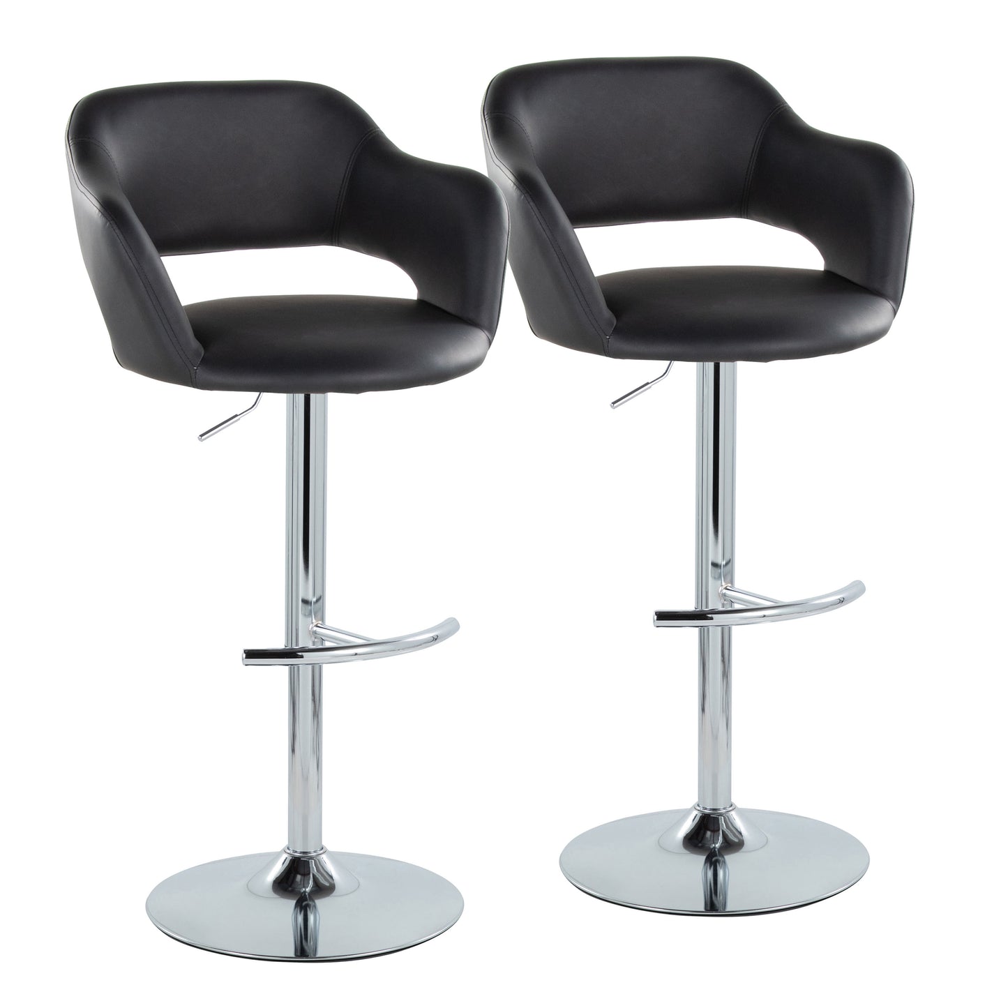 Contemporary Ajustable Barstool with Swivel in Chrome Metal and Black Faux Leather with Rounded T Footrest - Set of 2