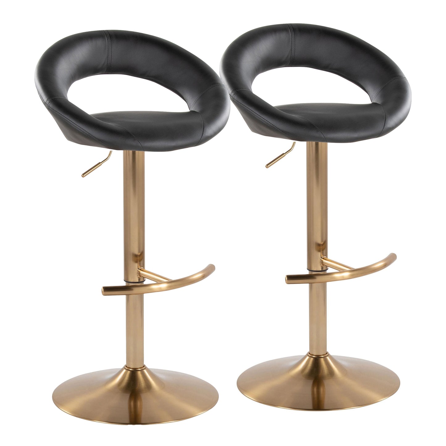 Contemporary Adjustable Barstool with Swivel in Gold Metal and Black Faux Leather with Rounded T Footrest - Set of 2