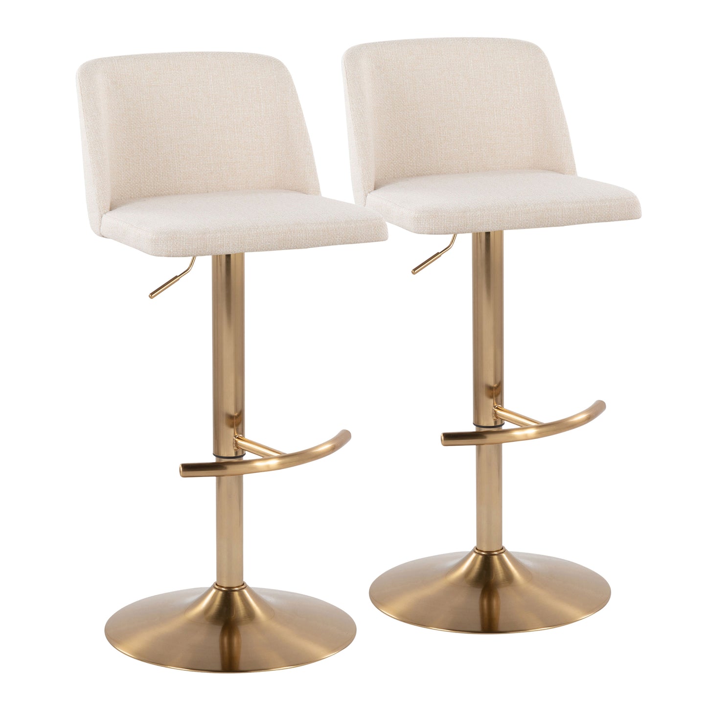 Contemporary Adjustable Barstool with Swivel in Cream Noise Fabric and Gold Metal with Rounded T Footrest - Set of 2