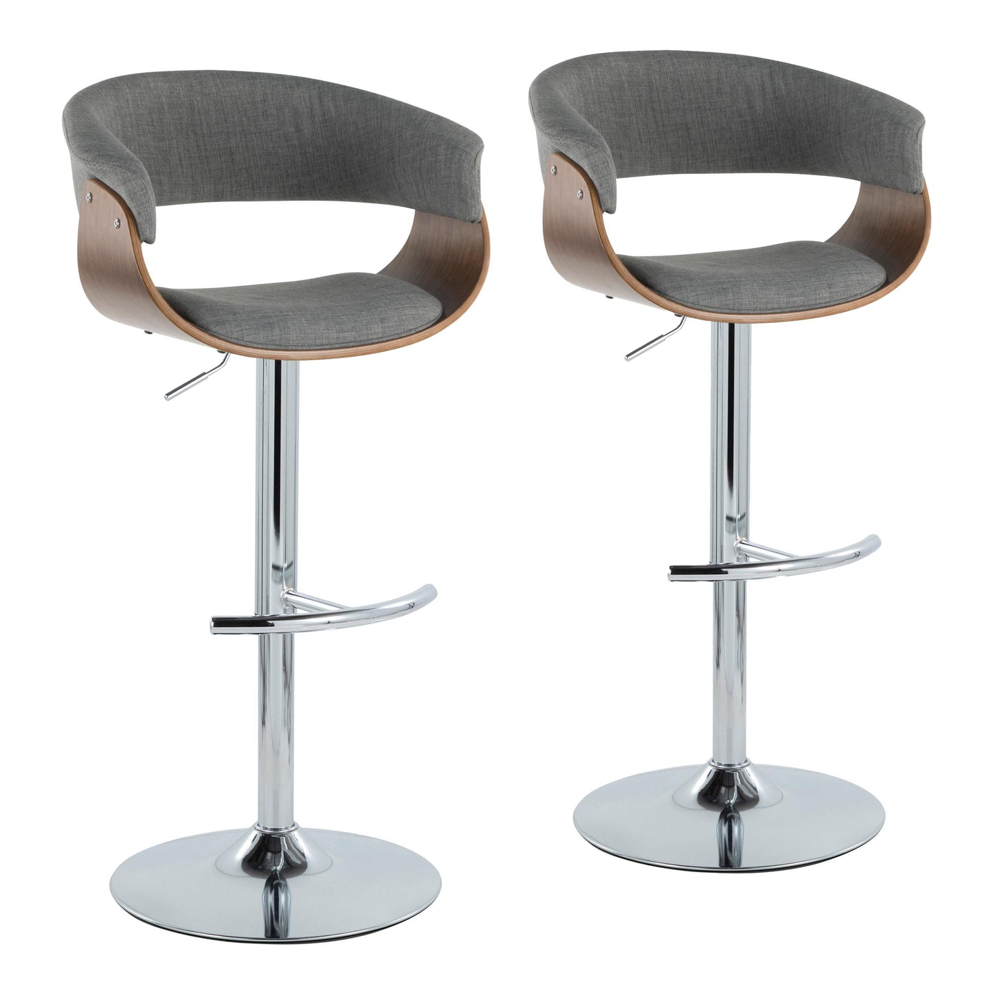 Mid-Century Modern Adjustable Height Barstool with Swivel in Chrome Metal, Walnut Wood and Light Grey Fabric with Rounded "T" Footrest - Set of 2