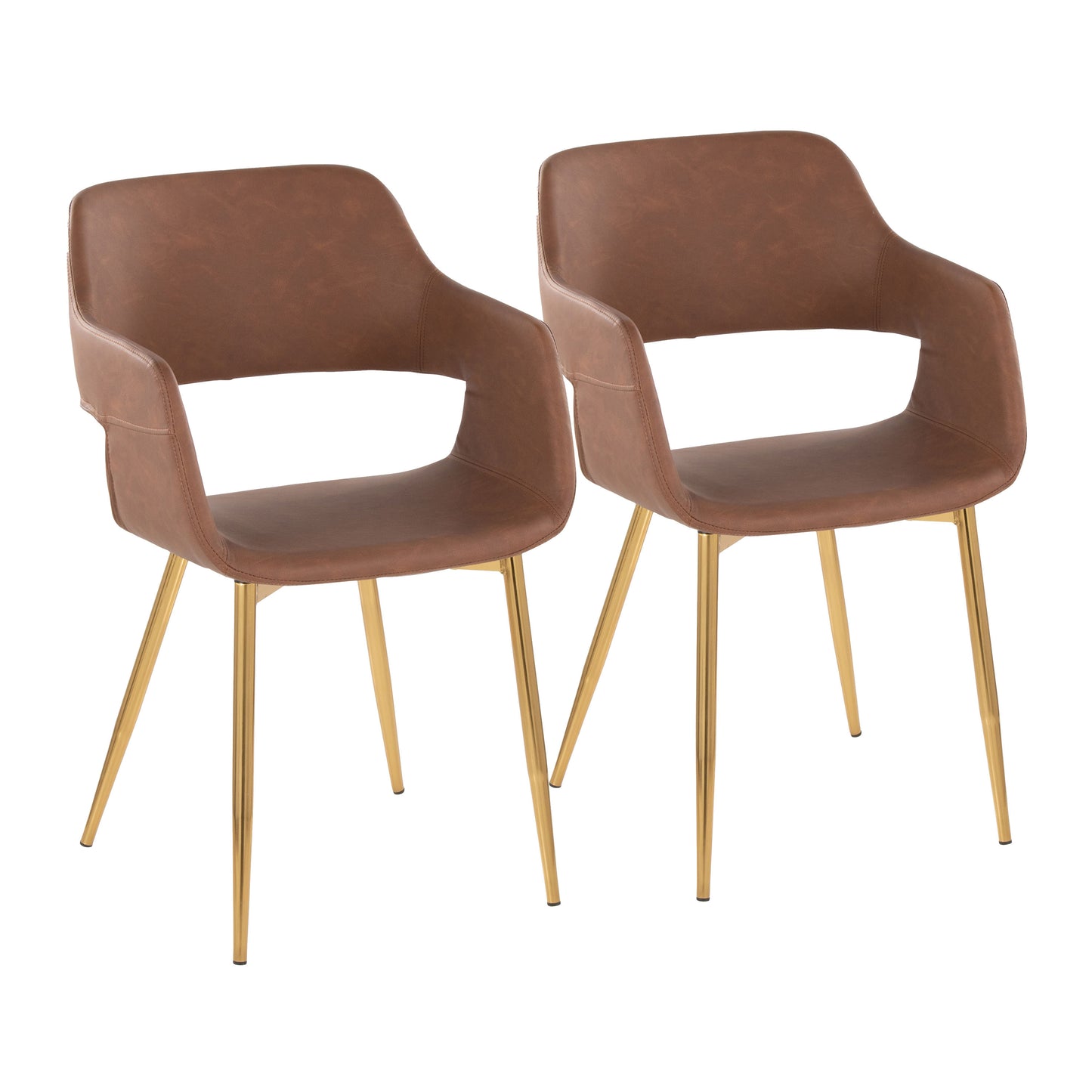 Contemporary Dining/Accent Chair in Gold Metal and Brown Faux Leather - Set of 2