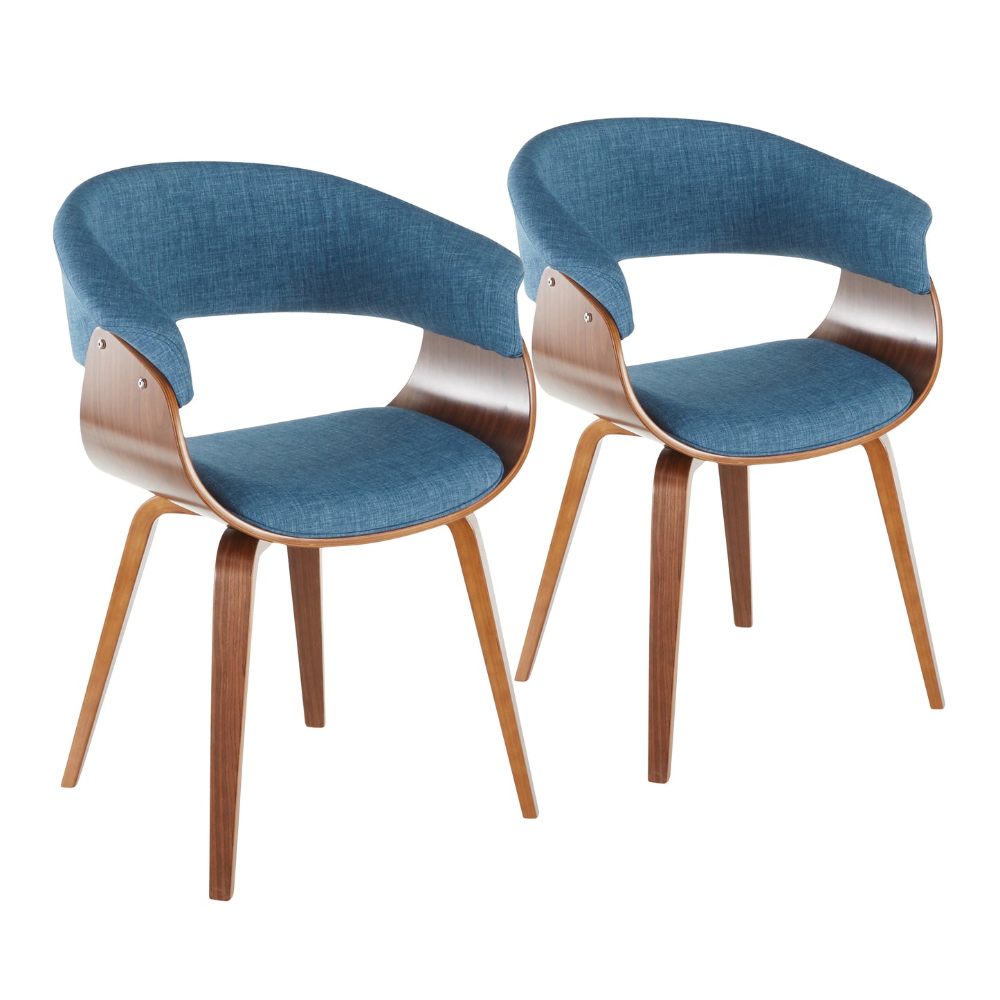 Mid-Century Modern Dining/accent Chair in Walnut Wood and Blue Fabric - Set of 2