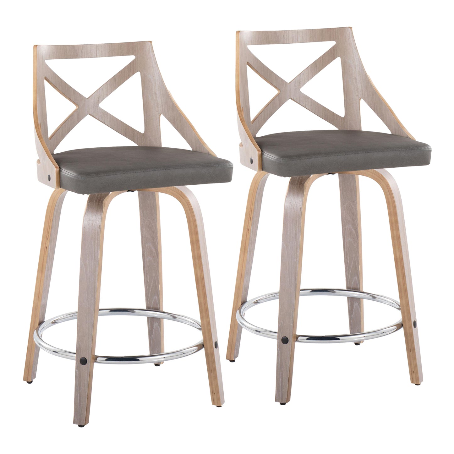 Fixed-Height Counter Stool with Swivel in Light Grey Wood and Grey Faux Leather with Round Chrome Metal Footrest - Set of 2