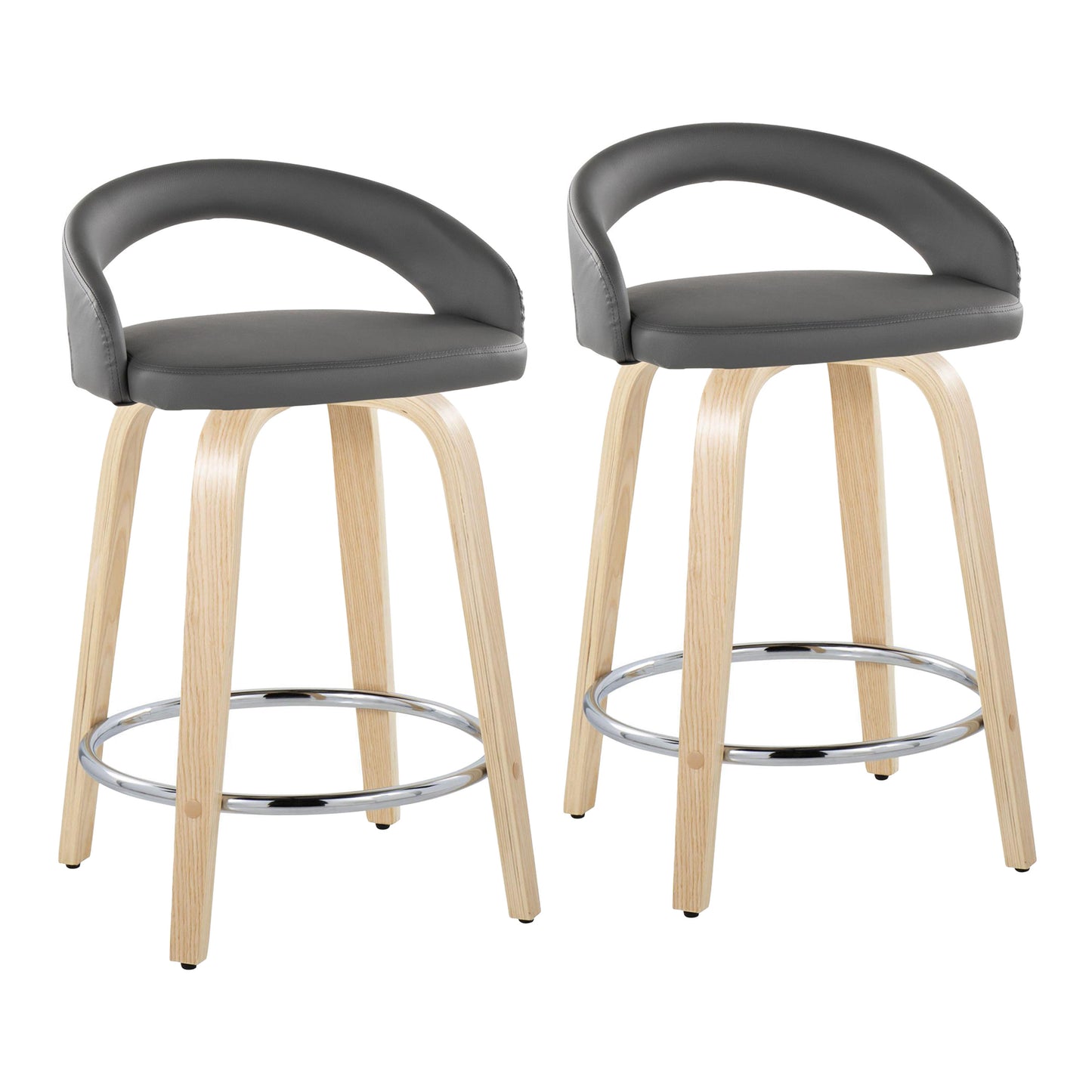 Fixed-Height Counter Stool with Swivel in Natural Wood and Grey Faux Leather with Round Chrome Metal Footrest - Set of 2