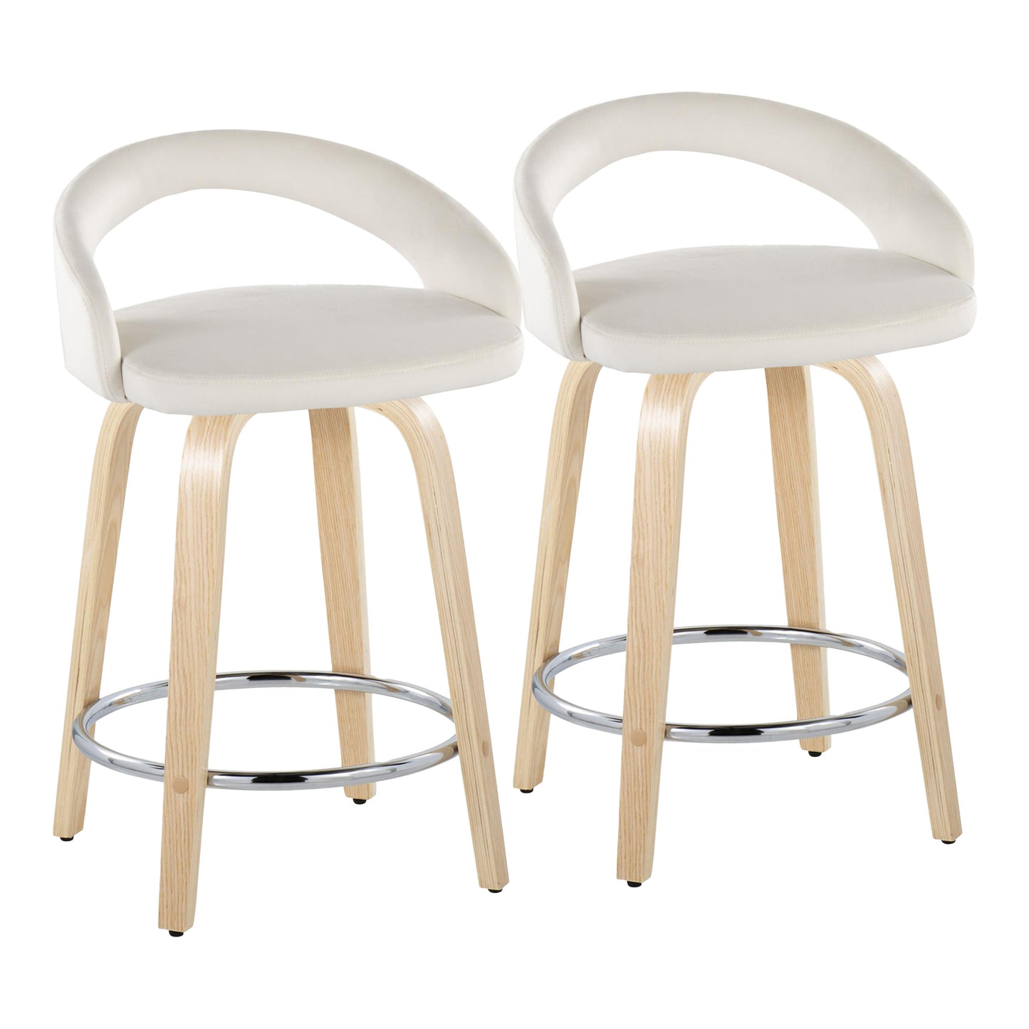 Fixed-Height Counter Stool with Swivel in Natural Wood and White Velvet with Chrome Metal Footrest - Set of 2