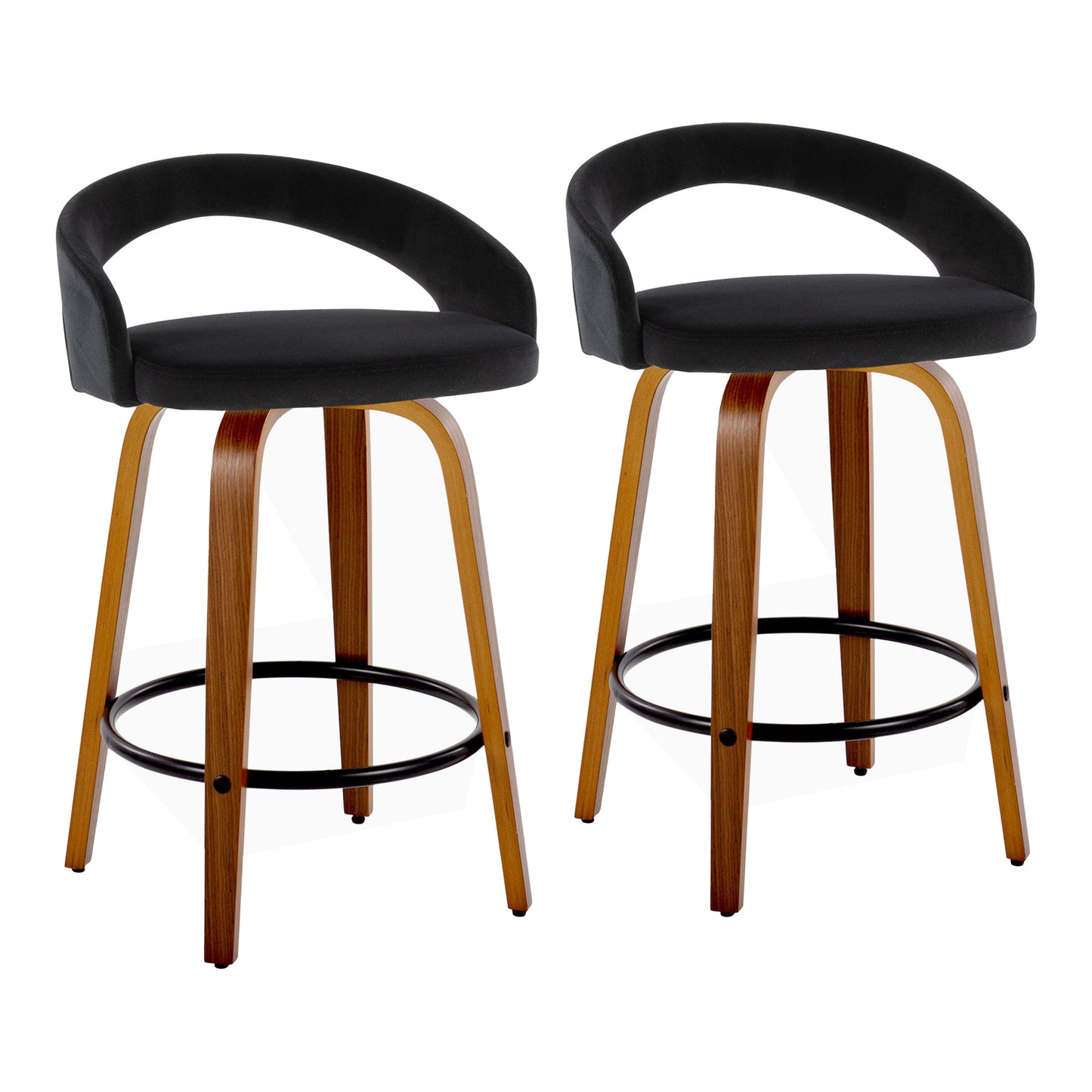 Fixed-Height Counter Stool with Swivel in Walnut Wood and Black Velvet with Round Black Metal Footrest - Set of 2