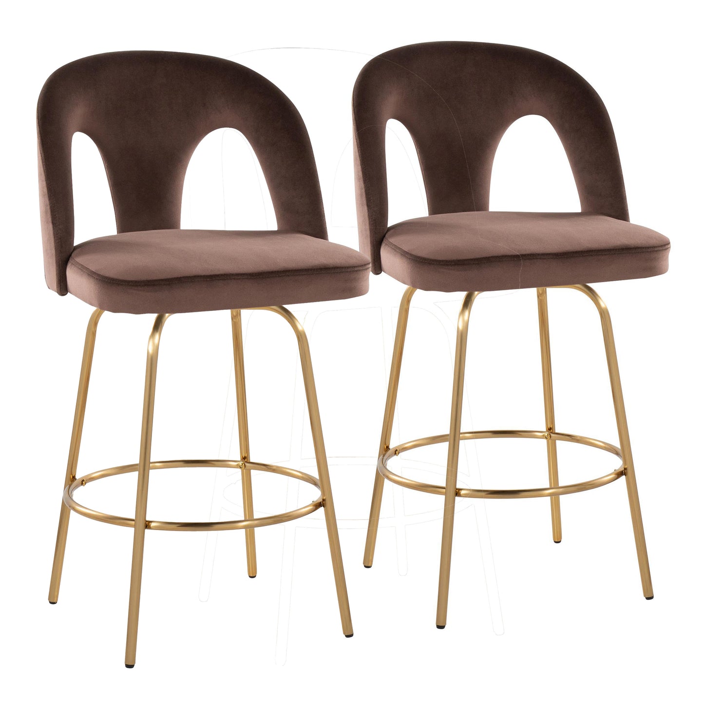 Fixed-Height Counter Stool with Swivel in Gold Metal and Espresso Velvet with Round Gold Metal Footrest - Set of 2