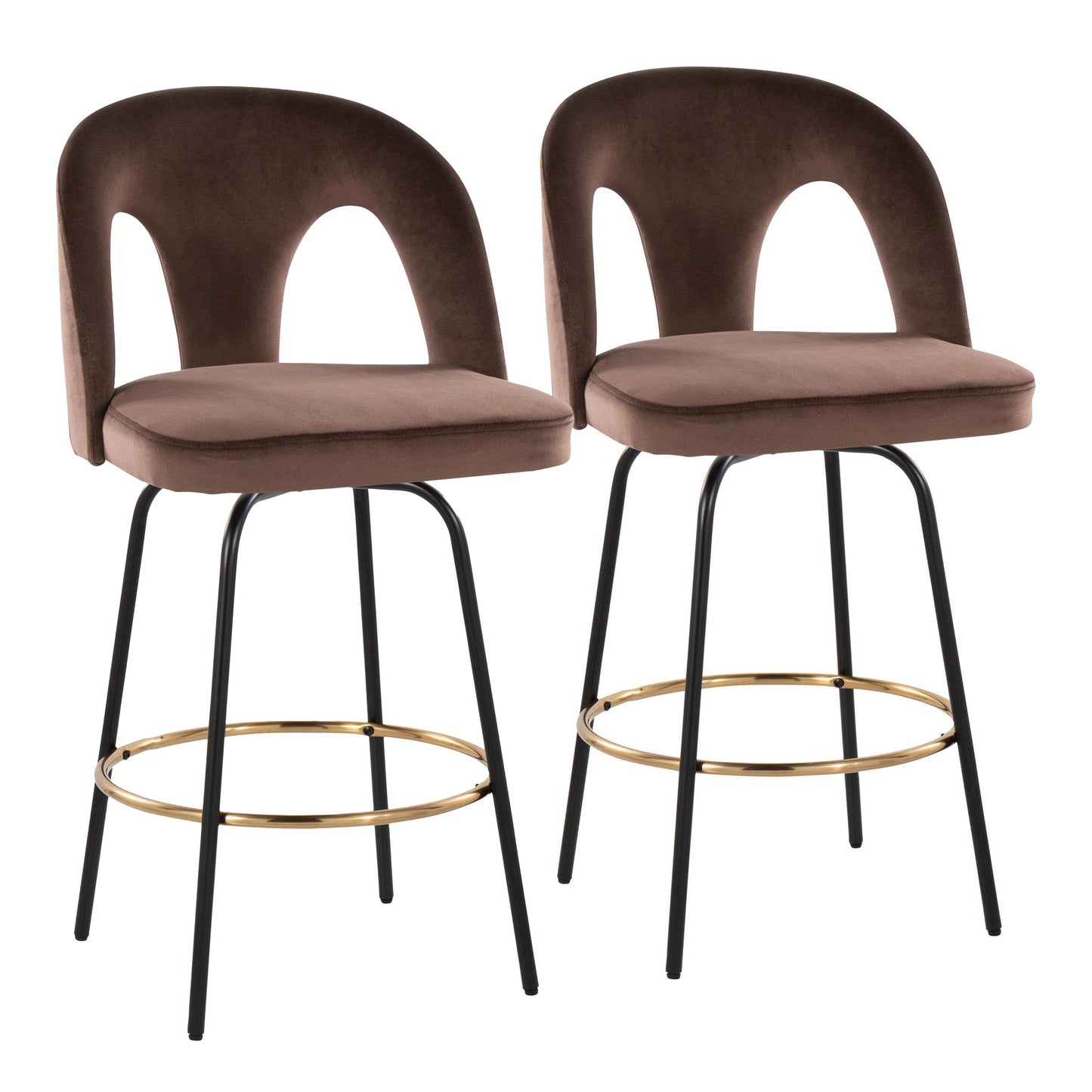 Fixed-Height Counter Stool with Swivel in Black Metal and Espresso Velvet with Round Gold Metal Footrest - Set of 2