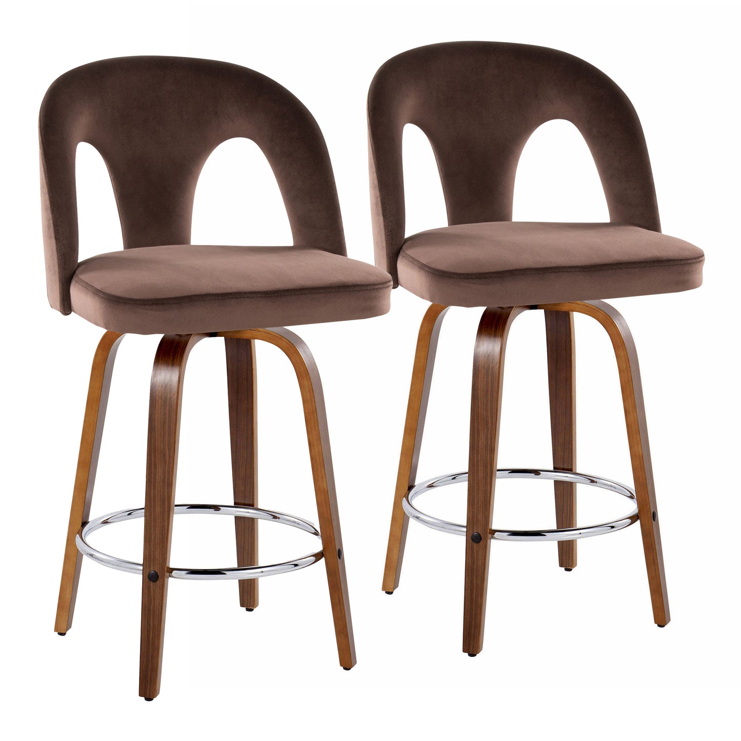 Fixed-Height Counter Stool with Swivel in Walnut Wood and Espresso Velvet with Round Chrome Metal Footrest - Set of 2