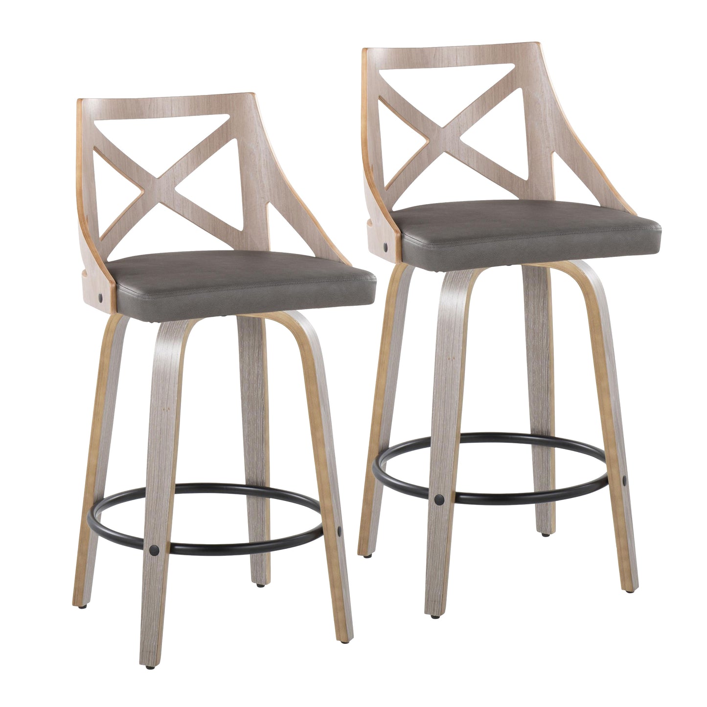 Fixed-Height Counter Stool with Swivel in Light Grey Wood and Grey Faux Leather with Round Black Metal Footrest - Set of 2