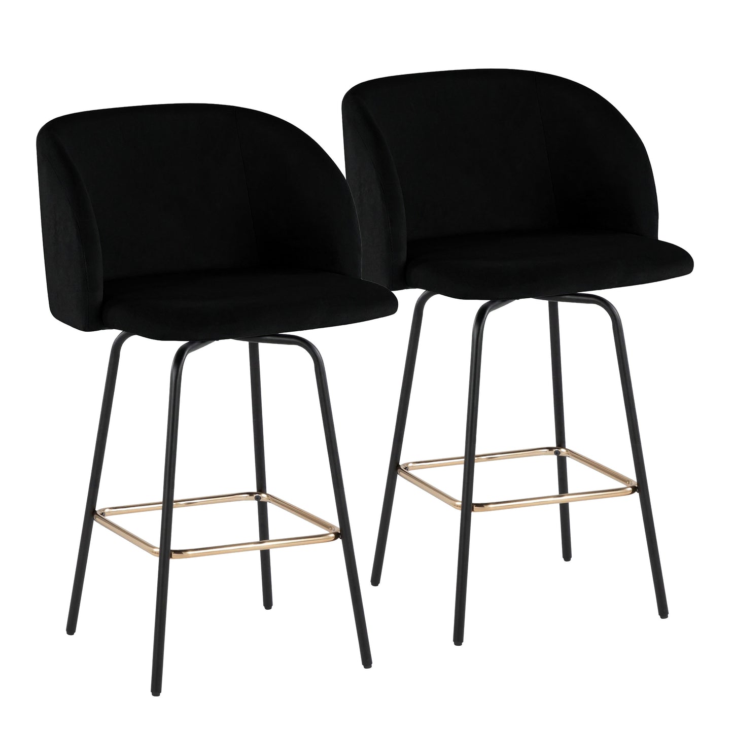 Fixed-Height Counter Stool with Swivel in Black Metal and Black Velvet with Square Gold Metal Footrest - Set of 2
