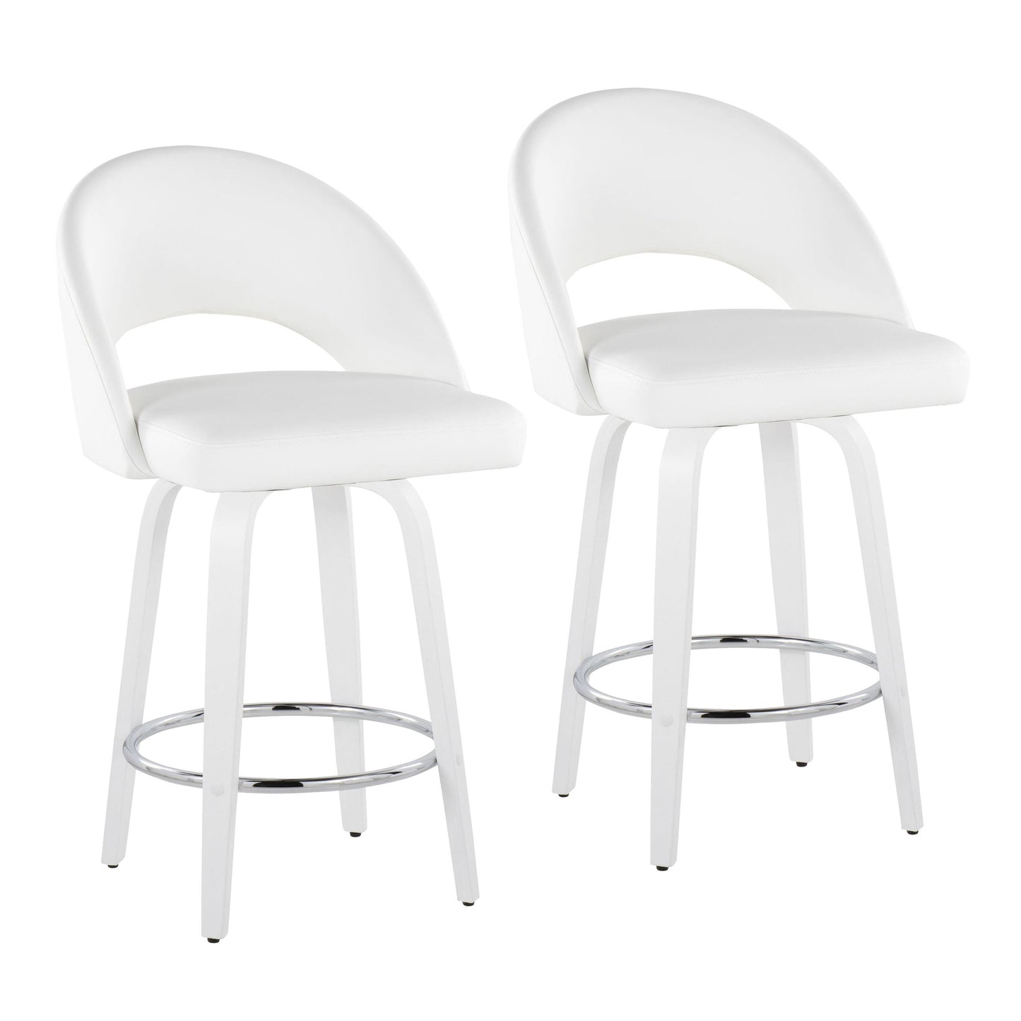 Fixed-Height Counter Stool with Swivel in White Wood and White Faux Leather with Round Chrome Footrest - Set of 2