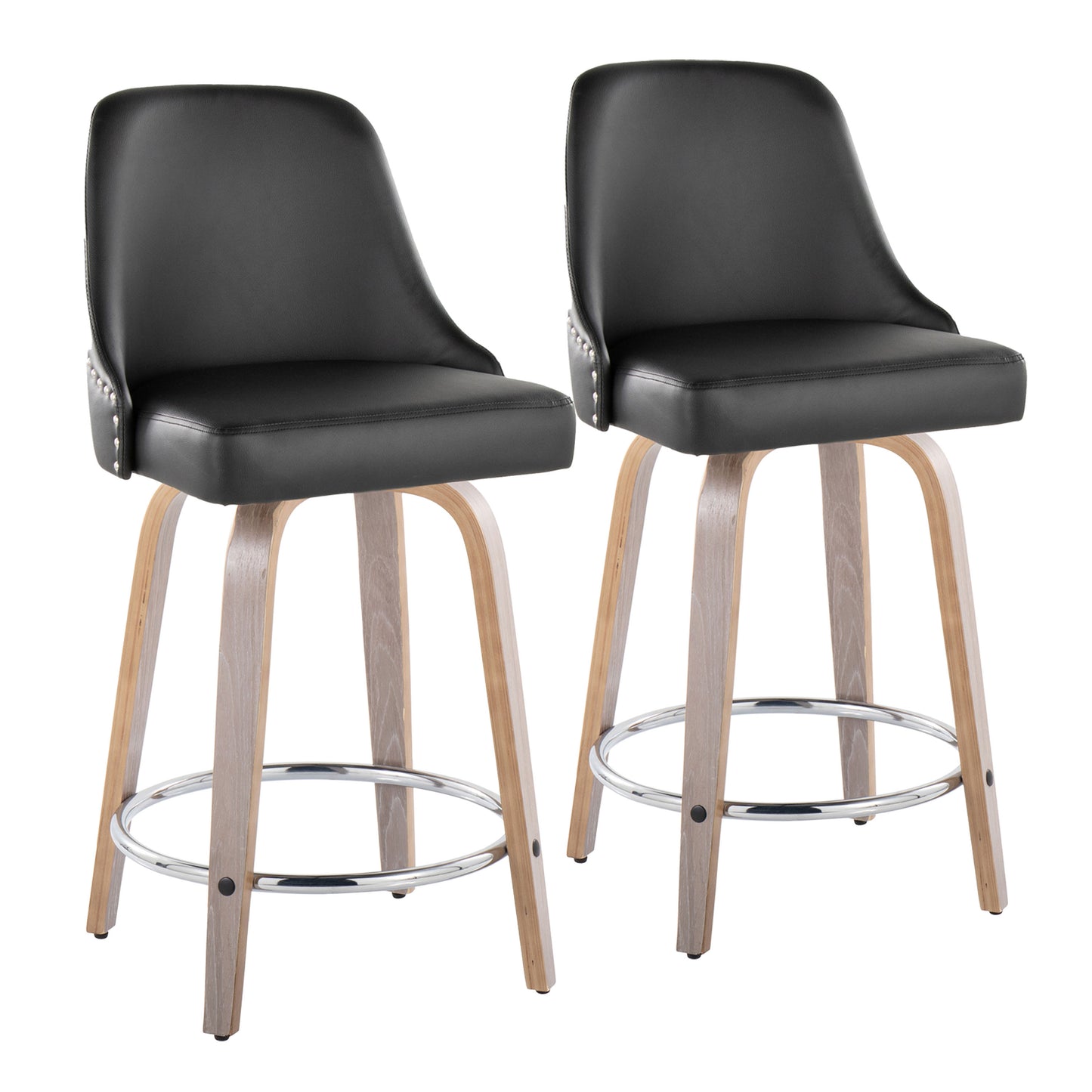 26" Fixed-Height Counter Stool with Swivel in Light Grey Wood and Black Faux Leather with Chrome Nailhead Trim and Round Chrome Metal Footrest - Set of 2