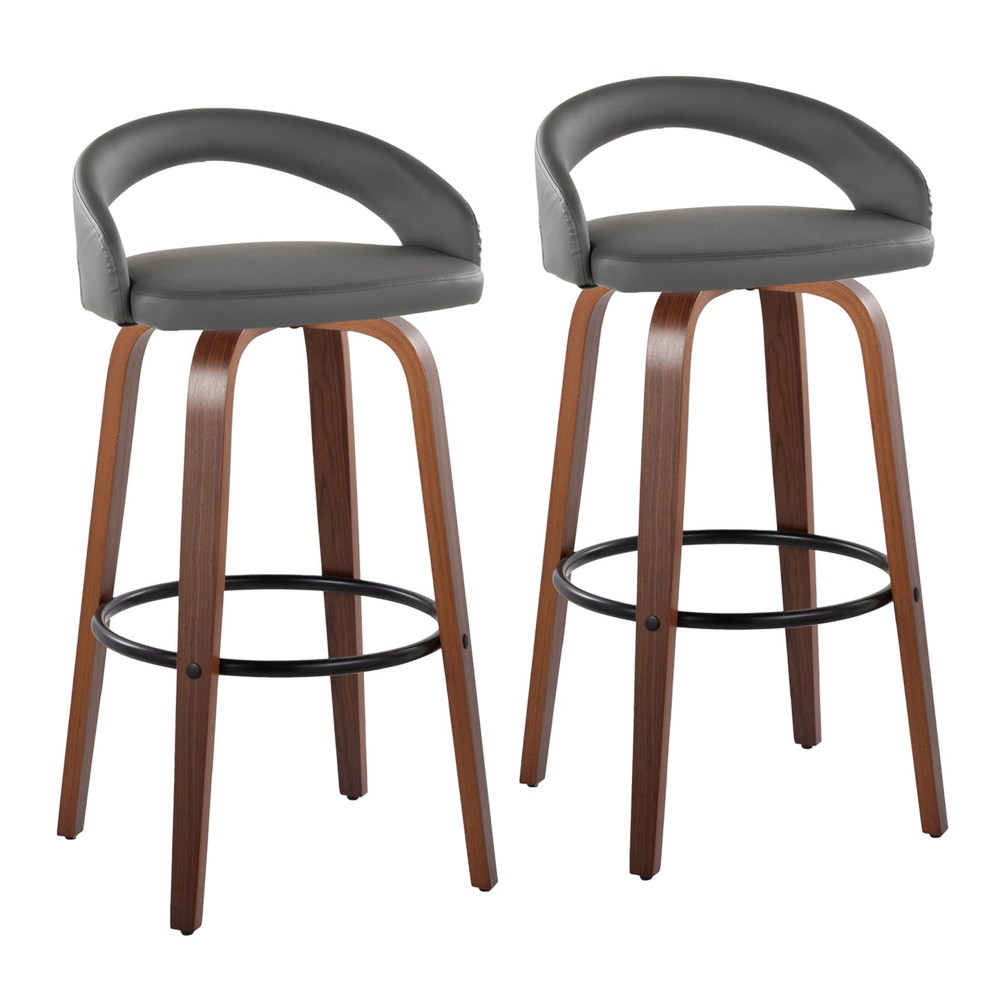 Fixed-Height Barstool with Swivel in Walnut Wood and Grey Faux Leather with Round Black Metal Footrest - Set of 2