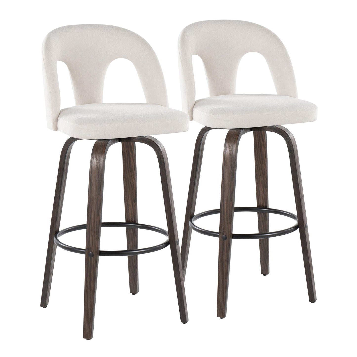 Fixed-Height Barstool with Swivel in Walnut Glazed Wood and Snow White Fabric with Round Black Metal Footrest - Set of 2