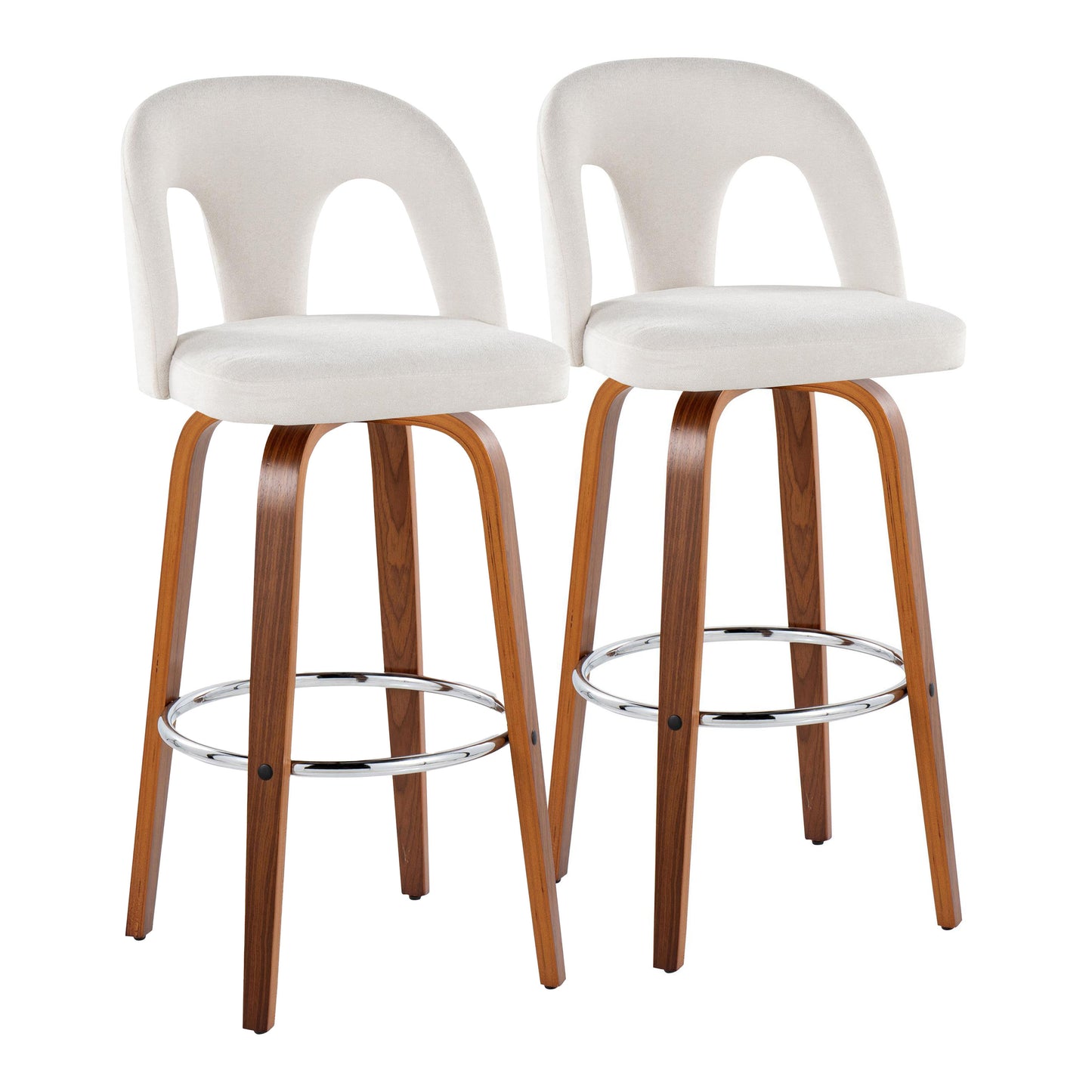 Fixed-Height Barstool with Swivel in Walnut Wood and Snow White Fabric with Round Chrome Metal Footrest - Set of 2