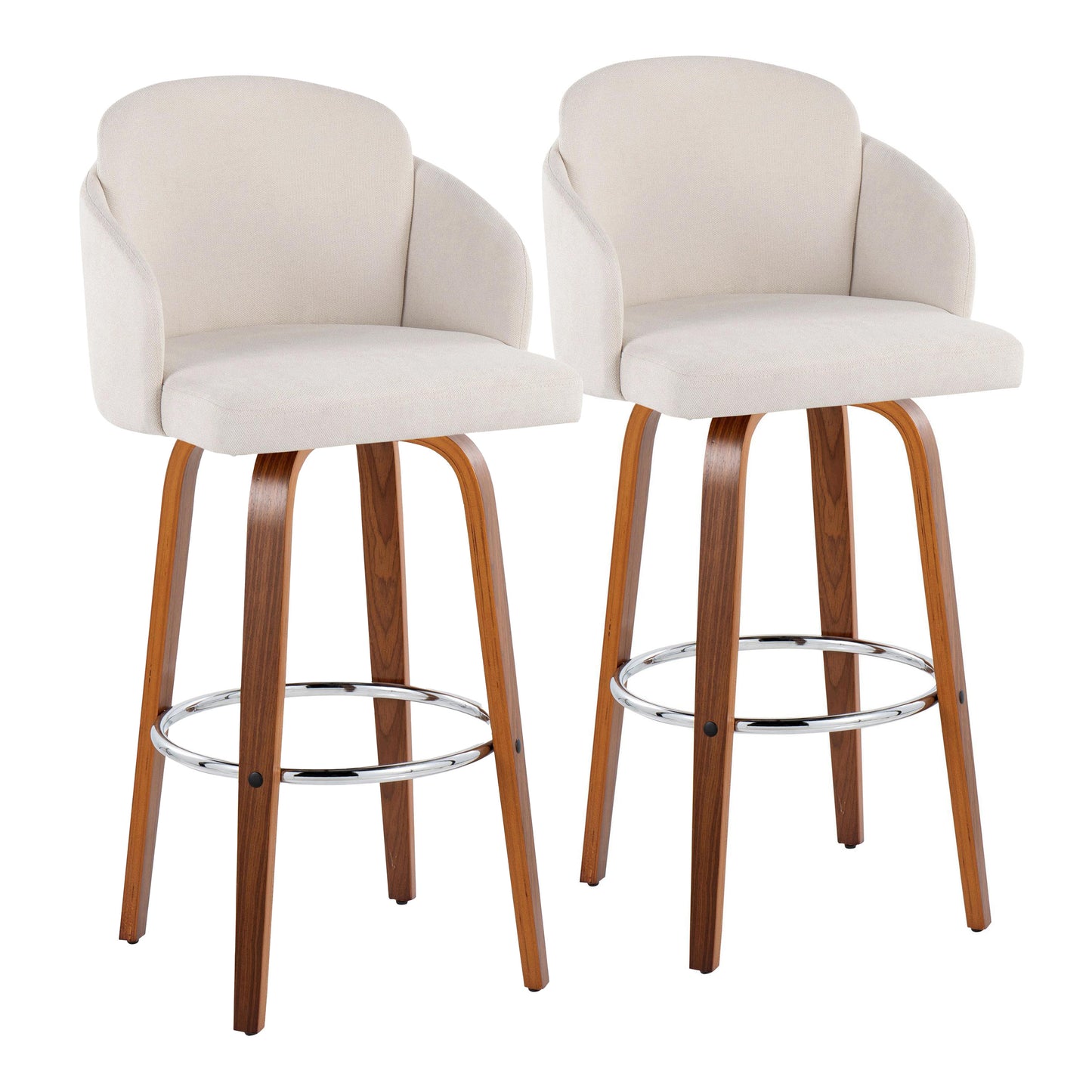 Fixed-Height Barstool in Walnut Wood and Cream Fabric with Round Chrome Footrest - Set of 2