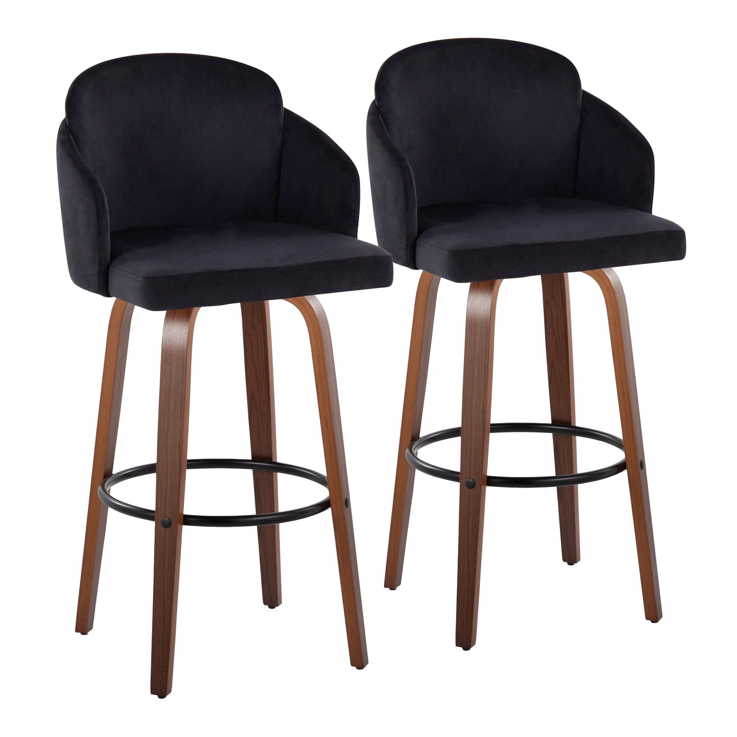 Fixed-Height Barstool in Walnut Wood and Black Velvet with Gold Metal Accent and Round Black Footrest - Set of 2