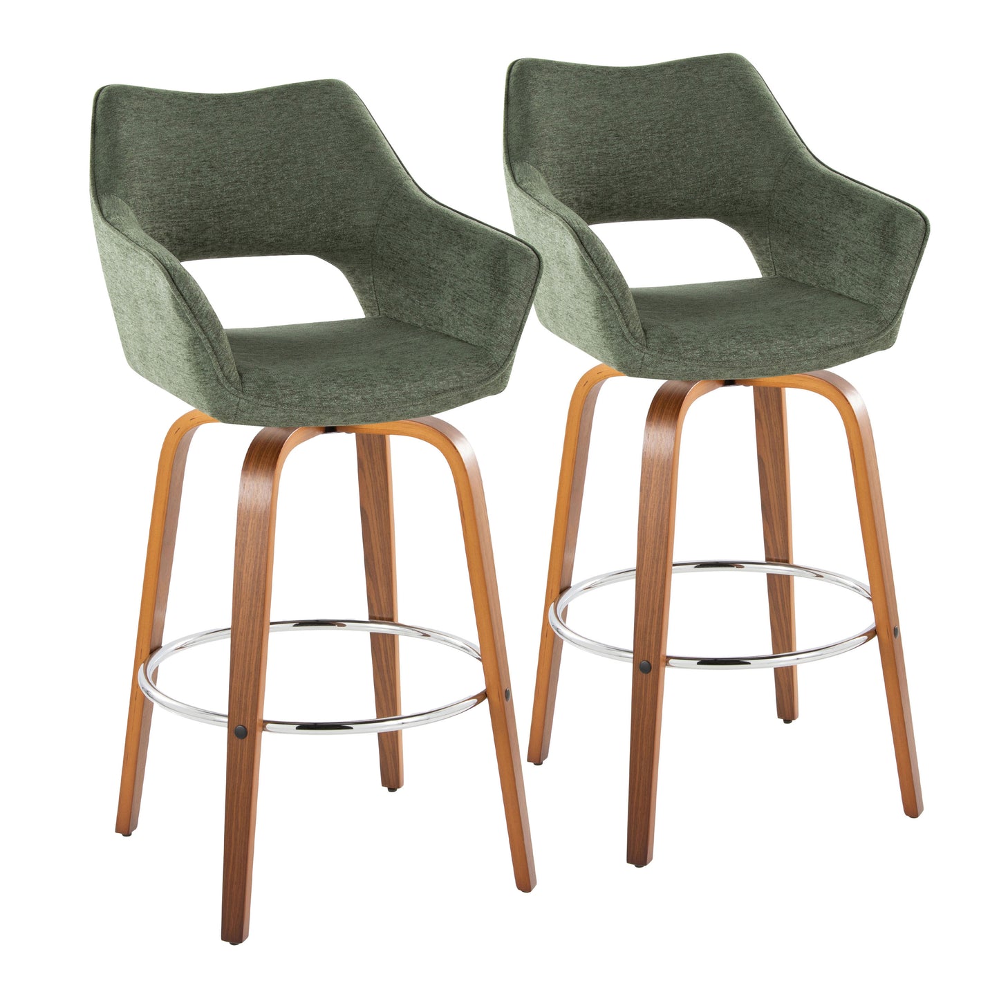 Fixed-Height Barstool with Swivel in Walnut Wood and Green Fabric with Chrome Metal Footrest - Set of 2