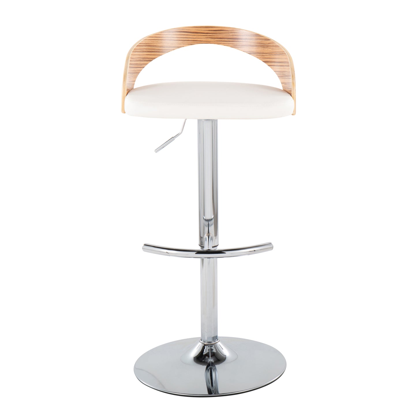 Adjustable Barstool with Swivel in Chrome Metal, Zebra Wood and White Faux Leather with Rounded T Footrest - Set of 3