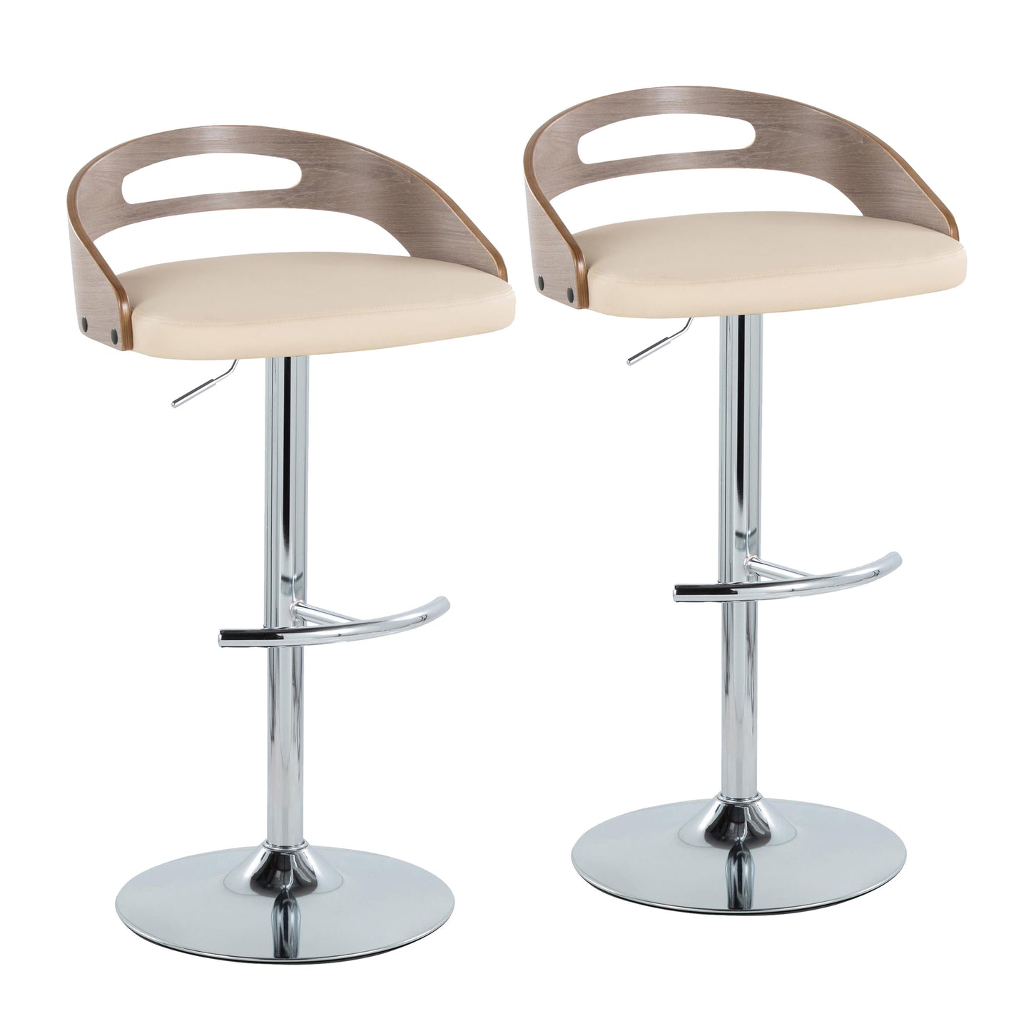 Adjustable Barstool with Swivel in Chrome Metal, Light Grey Wood and Cream Faux Leather with Round T Footrest - Set of 2