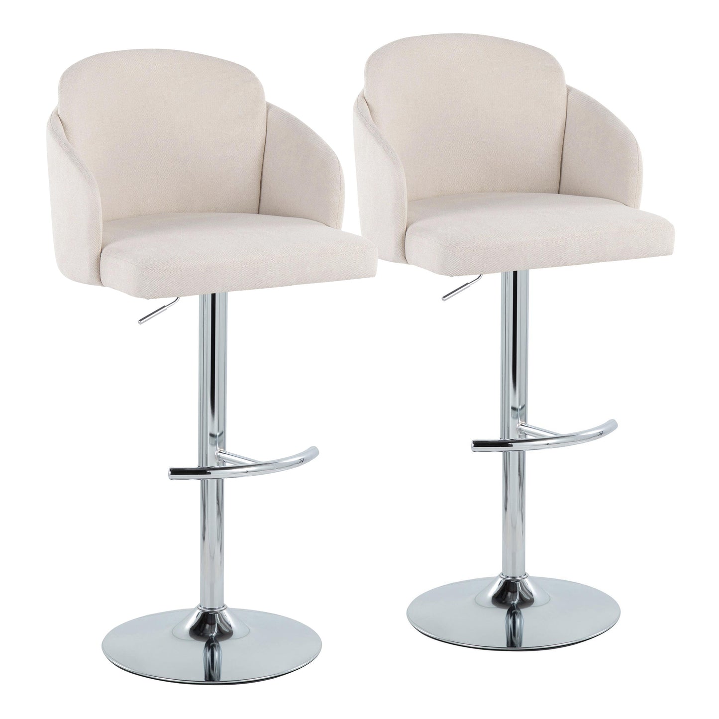 Adjustable Barstool in Chrome Metal and Cream Fabric with Chrome Metal Accent and Round Metal Footrest - Set of 2