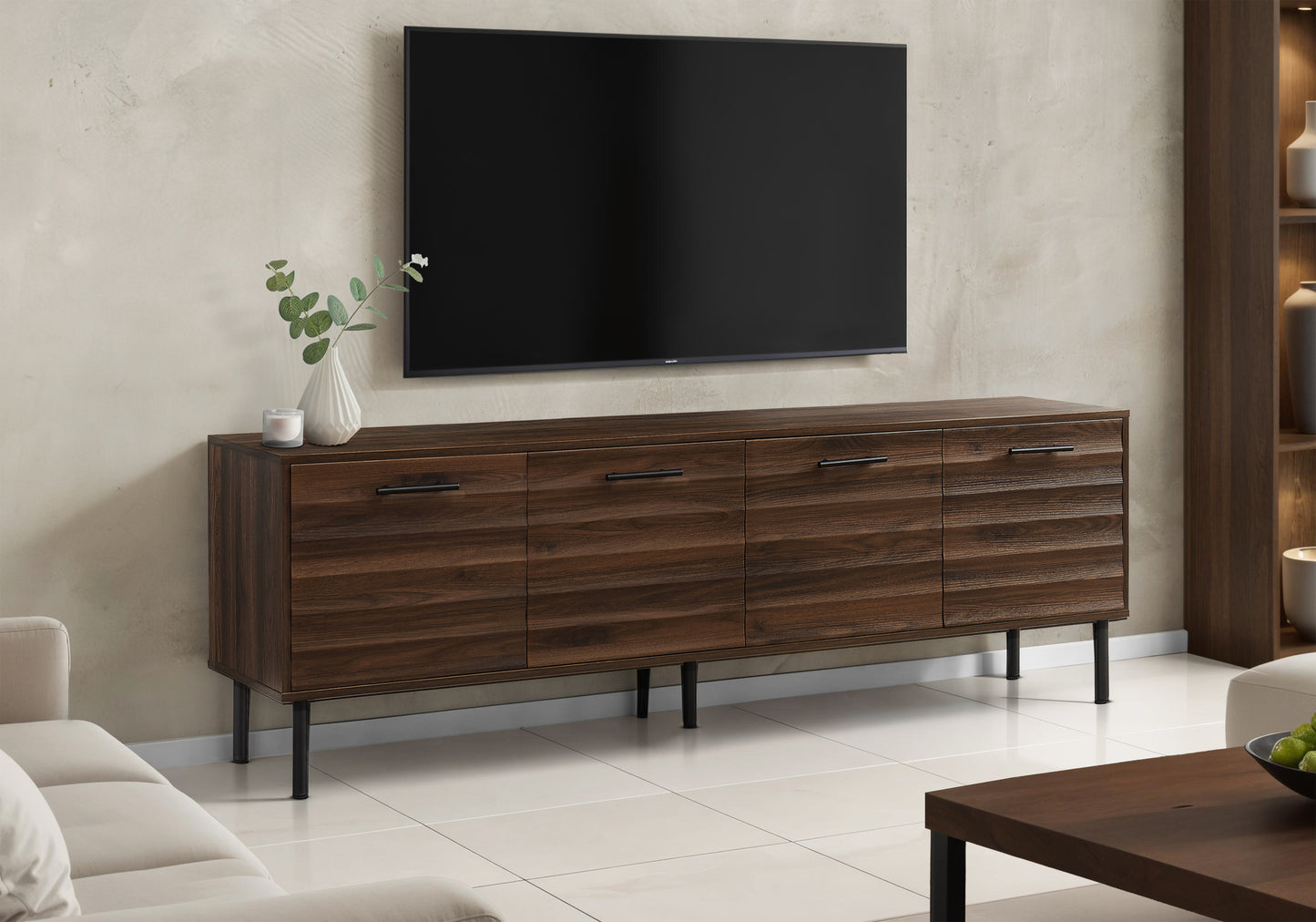 Tv Stand, 72 Inch, Console, Media Entertainment Center, Storage Cabinet, Brown Laminate, Black Metal, Transitional