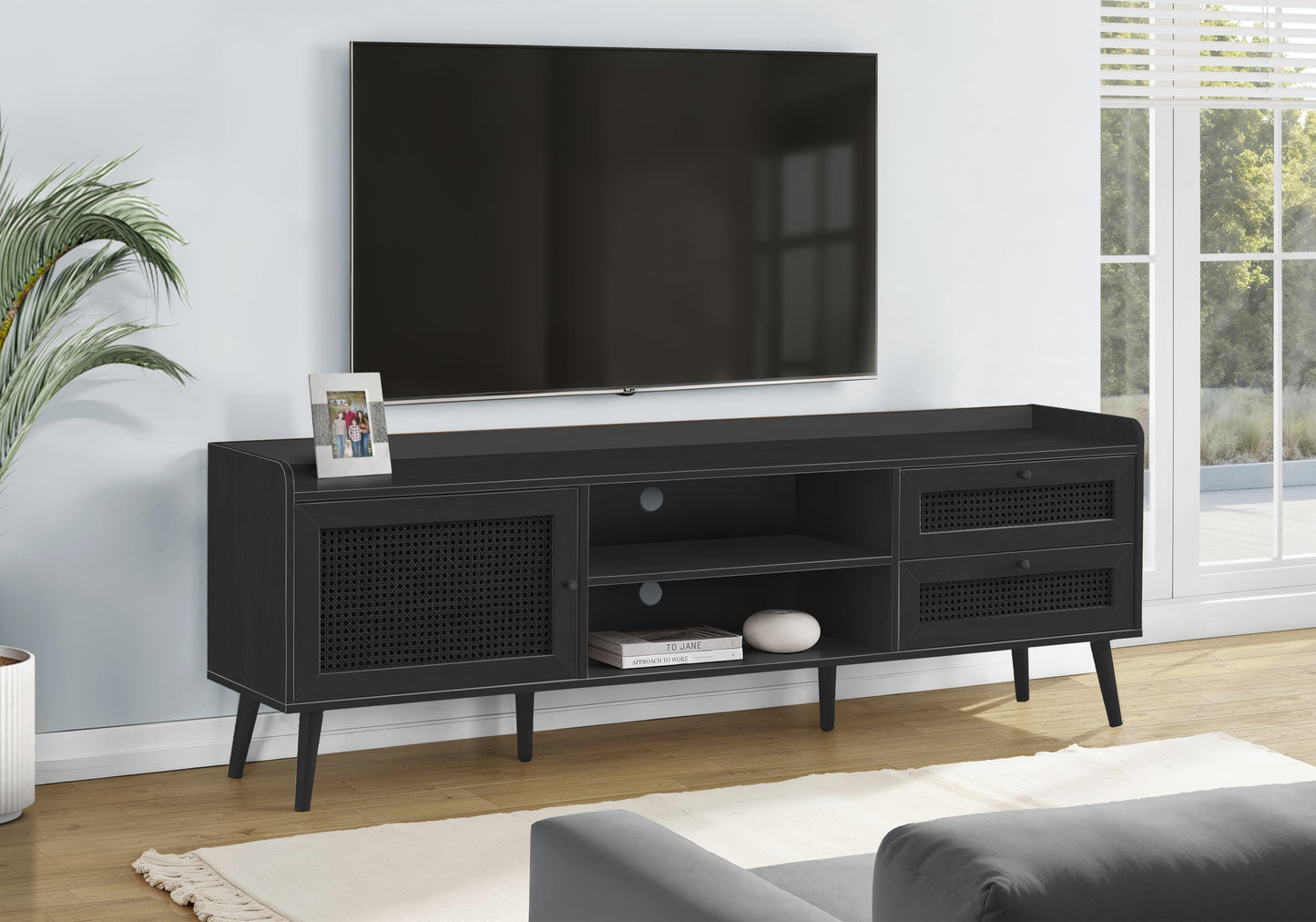 Tv Stand, 72 Inch, Console, Media Entertainment Center, Storage Cabinet, Living Room, Bedroom, Black Laminate, Wood Legs, Transitional