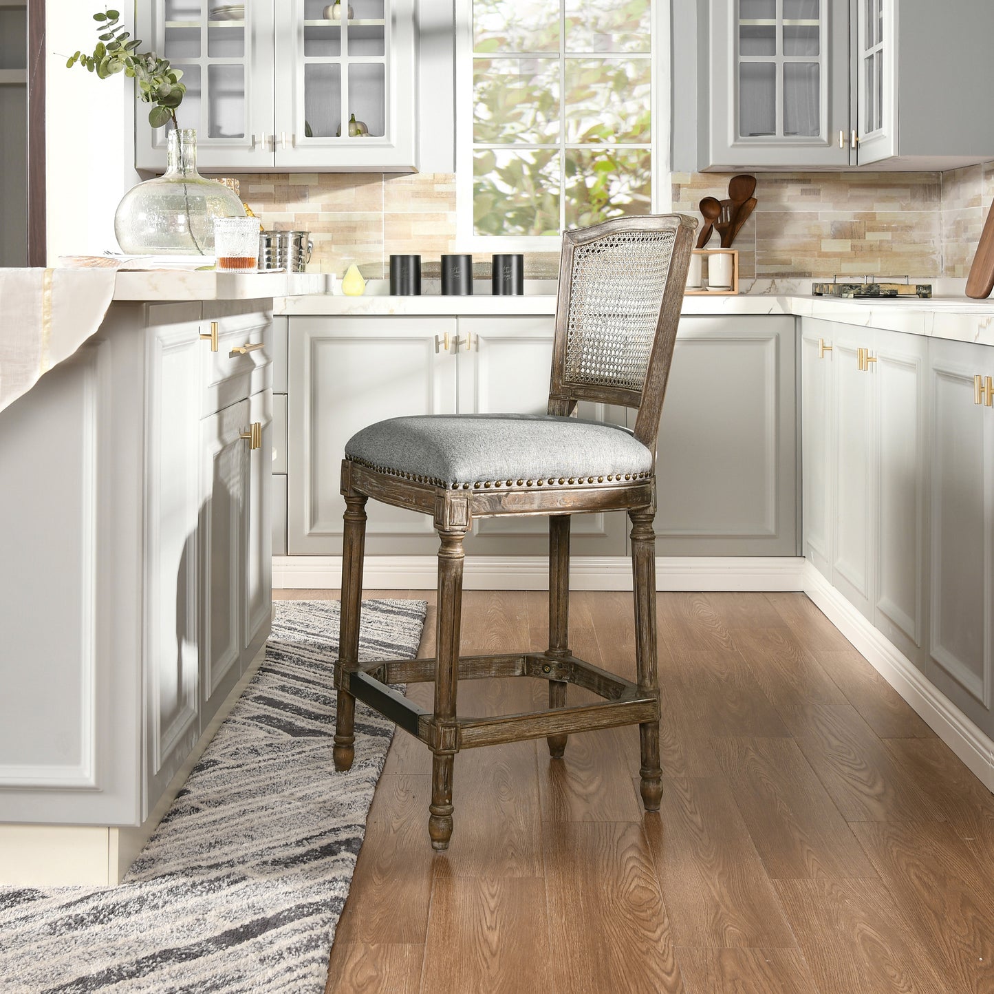 Triomphe Rattan Wicker High Back Armless Counter Bar Stool, Heathered Grey Linen