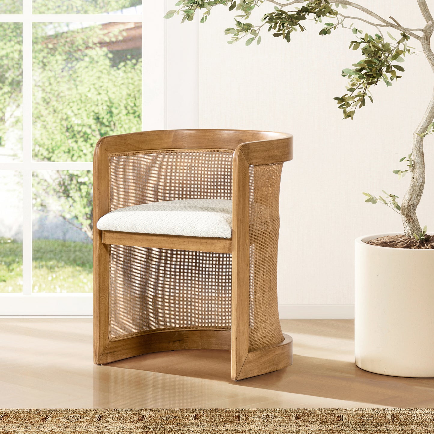 Lilith 20.5" Curved Rattan Upholstered Dining Chair, White Pepper Stain Resistant High Performance Polyester