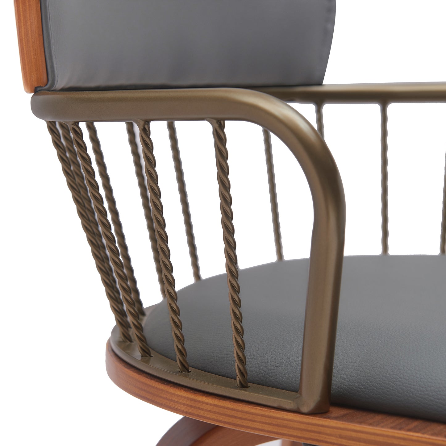 Gray Swivel Bar Stool with Walnut Wood and Bronze Metal Finish