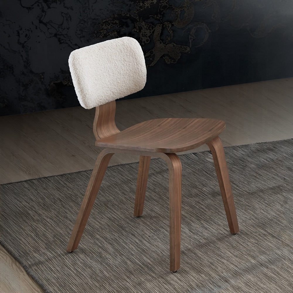 Walnut Finish Side Chairs Set of 2 White Boucle Padded Curved Backrest Ergonomic Design Solid Wood Dining Furniture