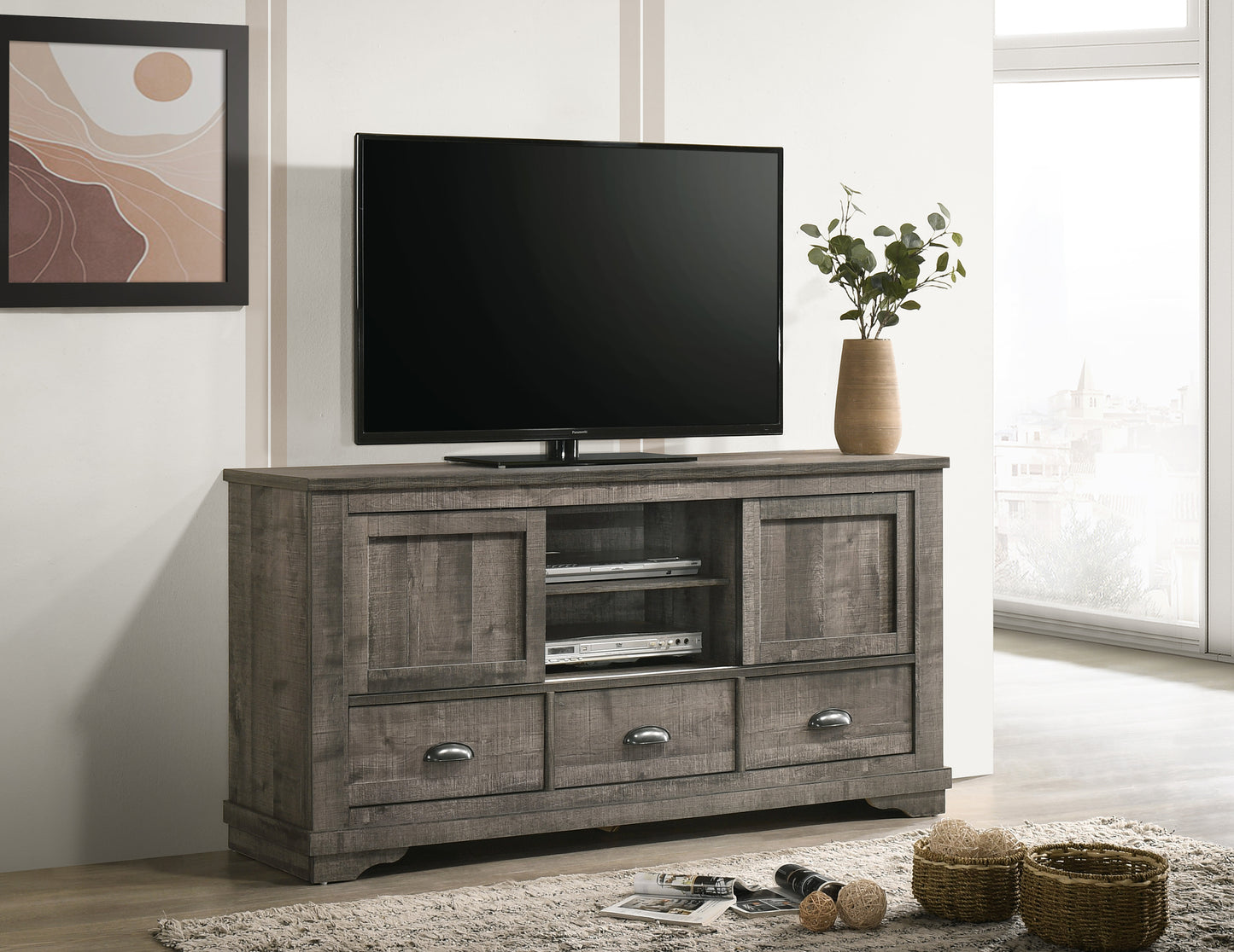 Contemporary TV Stand 1pc Weathered Wood Finish Metal Hardware Sliding Doors Open Shelves Lower Drawers Wooden Living Room Furniture Dark Gray