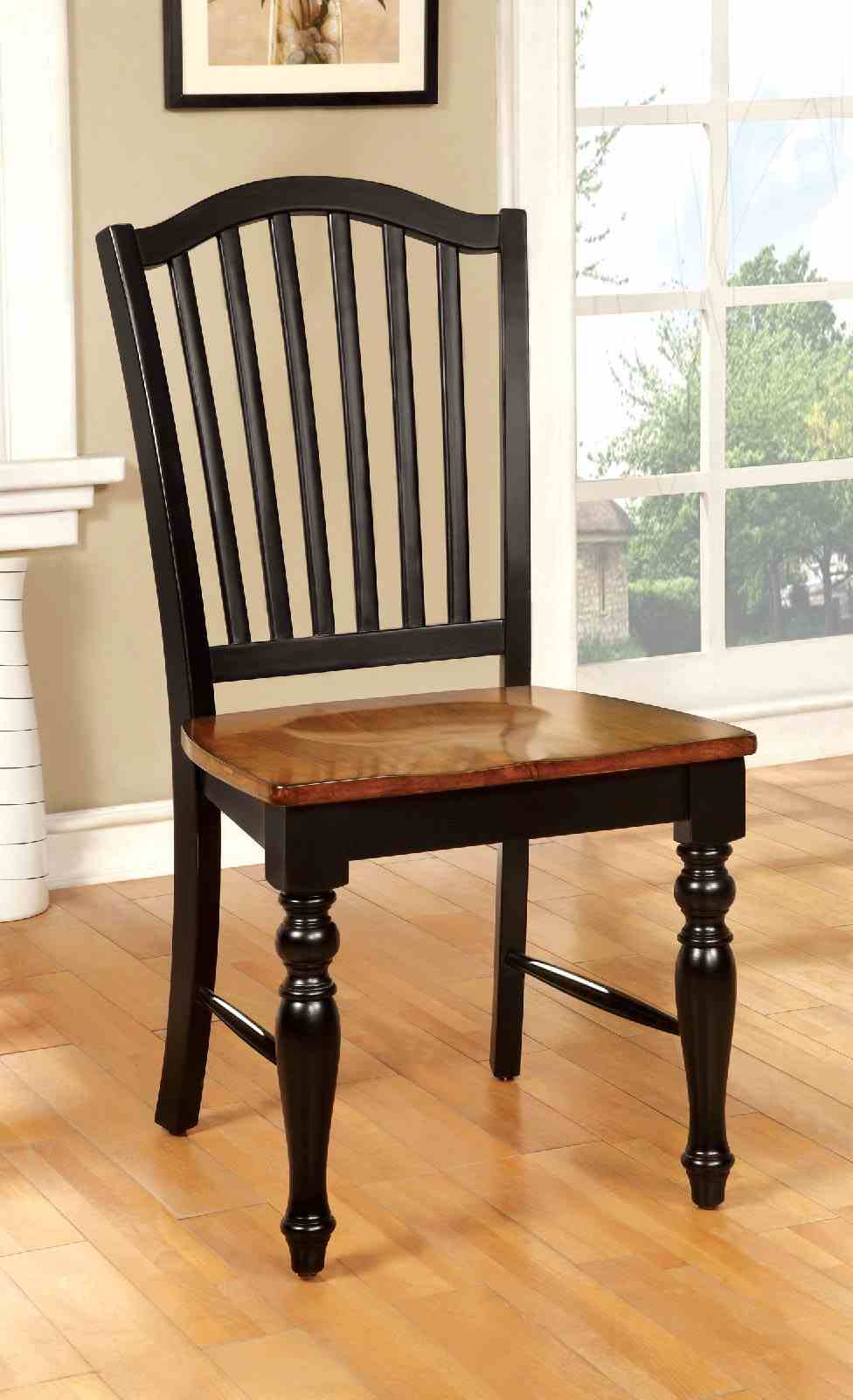 Transitional Style 2pc Side Chair Turned Leg Design Black And Antique Oak Finish Dining Room