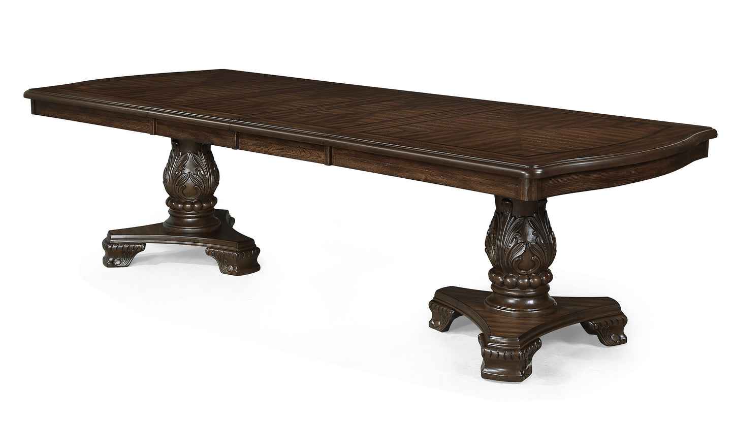 Formal 1pc Grand Rectangular Dining Table 18" Extendable Leaf Rich Dark Coffee Brown Finish Intricately Carved Double Pedestal Base Solid Wood