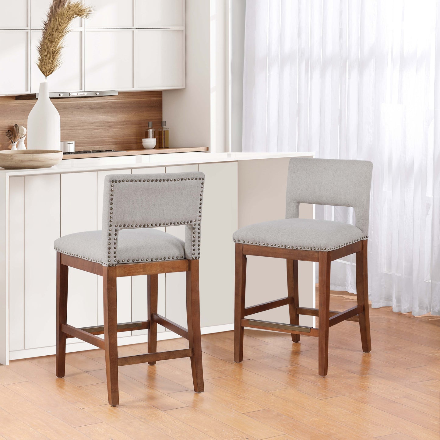 Upholstered Top Bar Stools with Studs and Wooden Legs (1 PC Only)