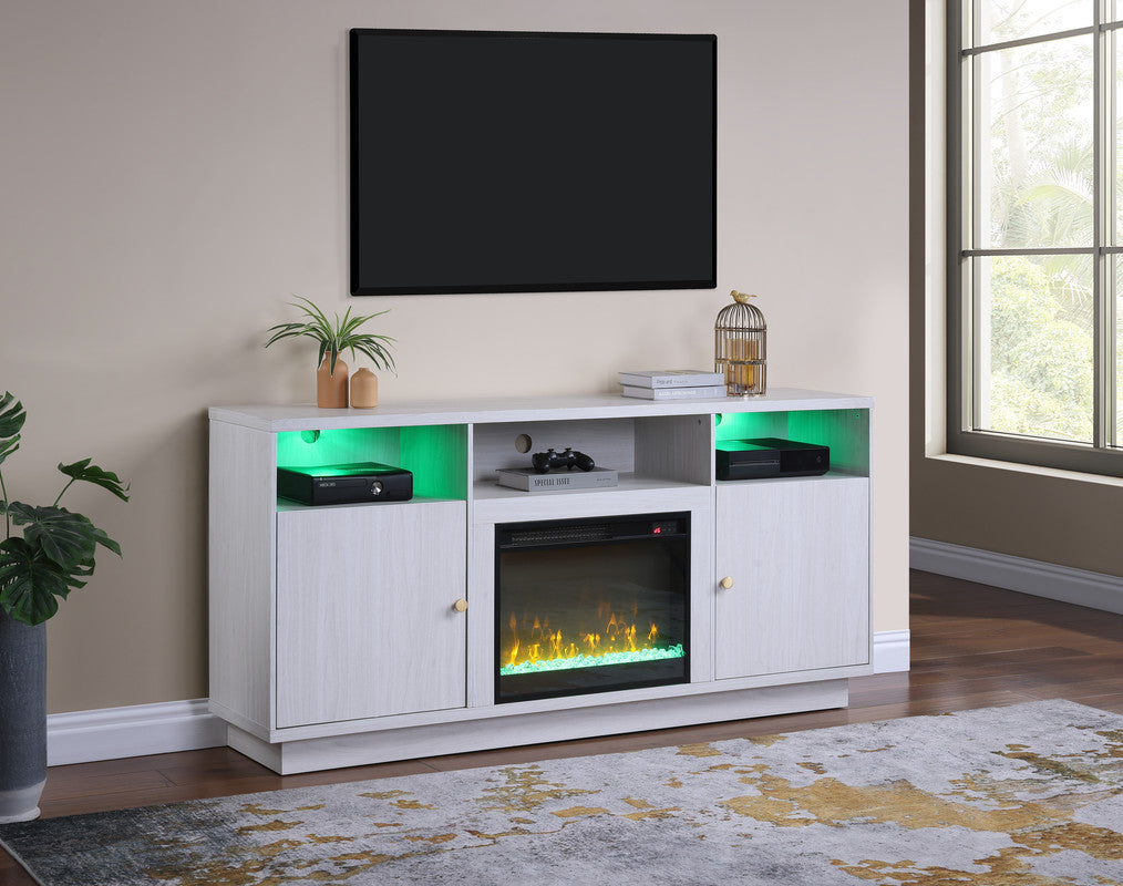 Ambrogio 70"W White Walnut Finish Fireplace TV Stand Console with Heater, LED Light, Cabinets, Shelves