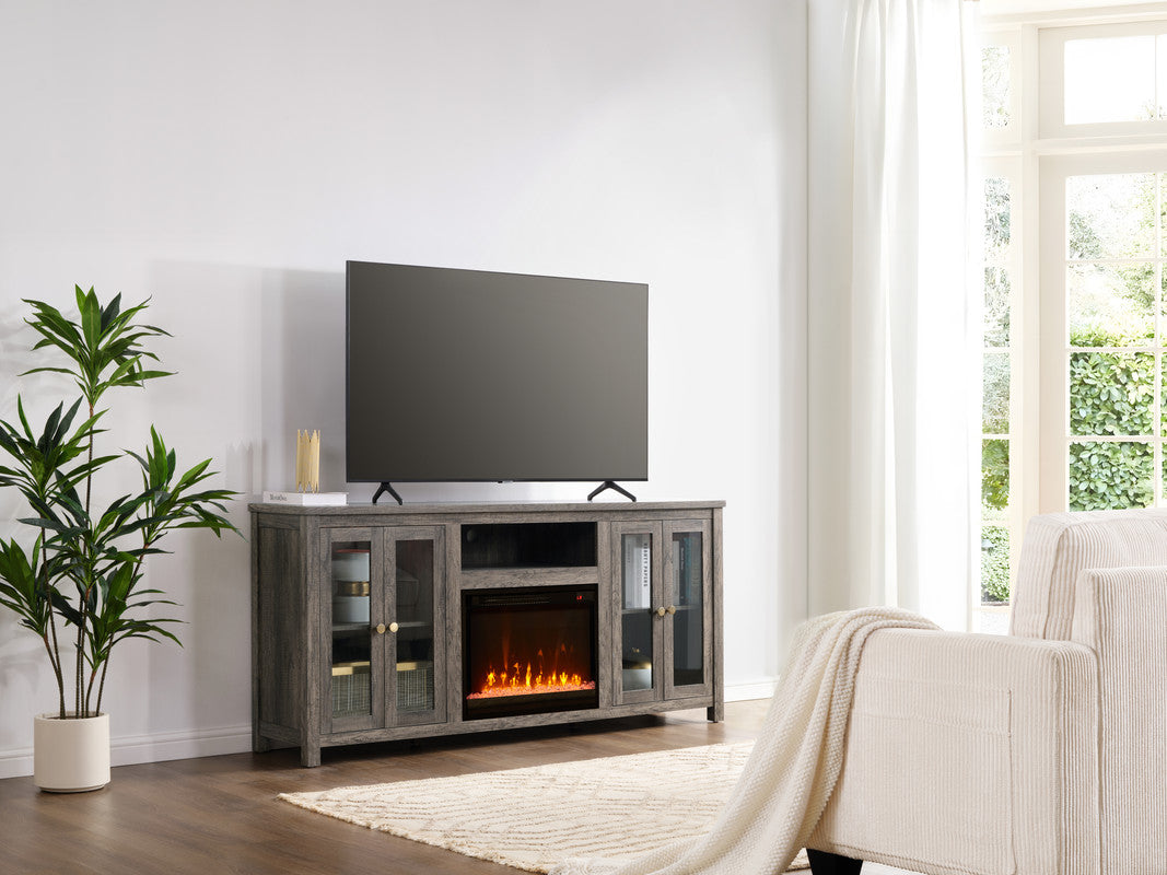 Emerson 70"W Gray Walnut Finish Fireplace TV Stand Console with Heater, LED Light, Cabinets, Shelves