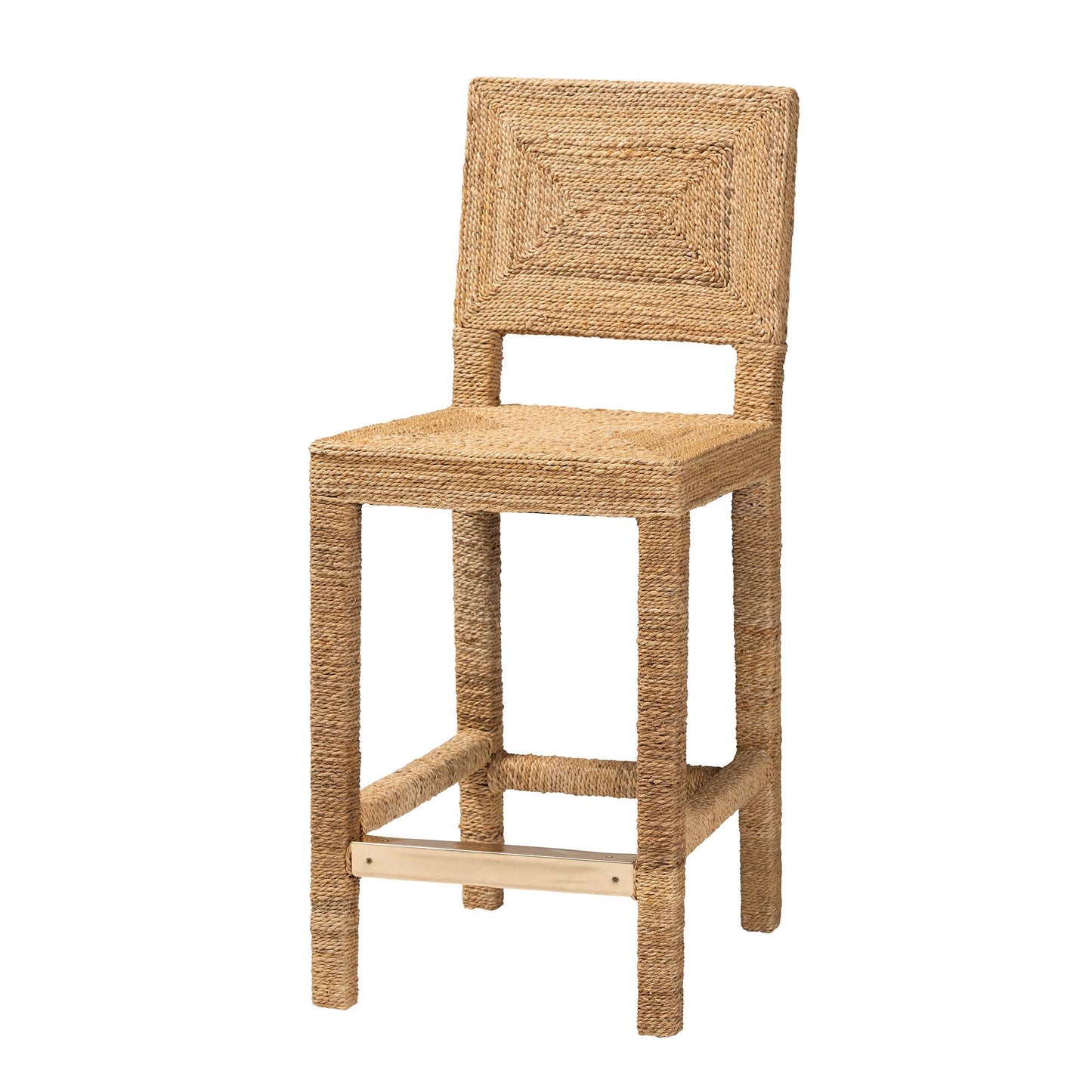 Modern Bohemian Natural Seagrass and Mahogany Wood Counter Stool