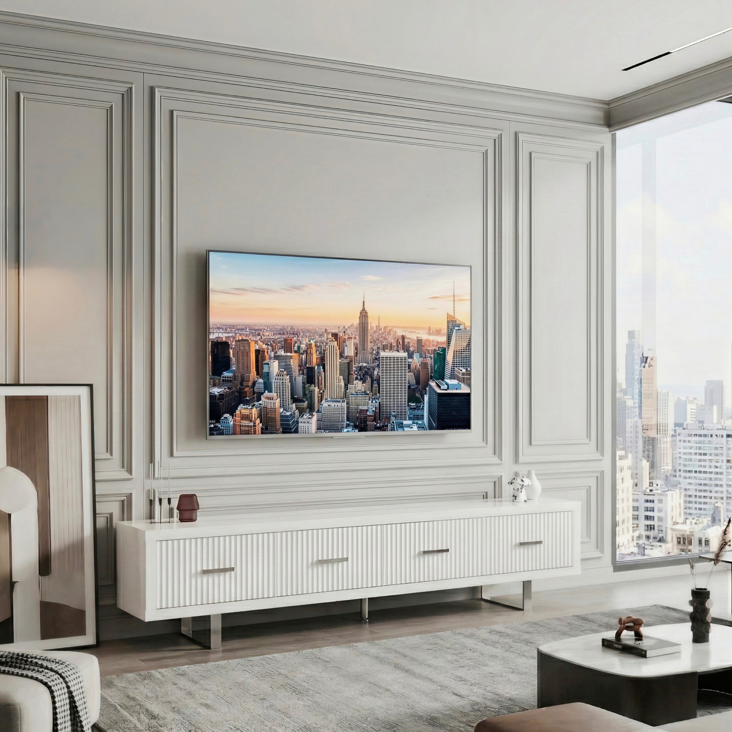 78.7" x 13.8" x 17.8" TV Stand-High Gloss White