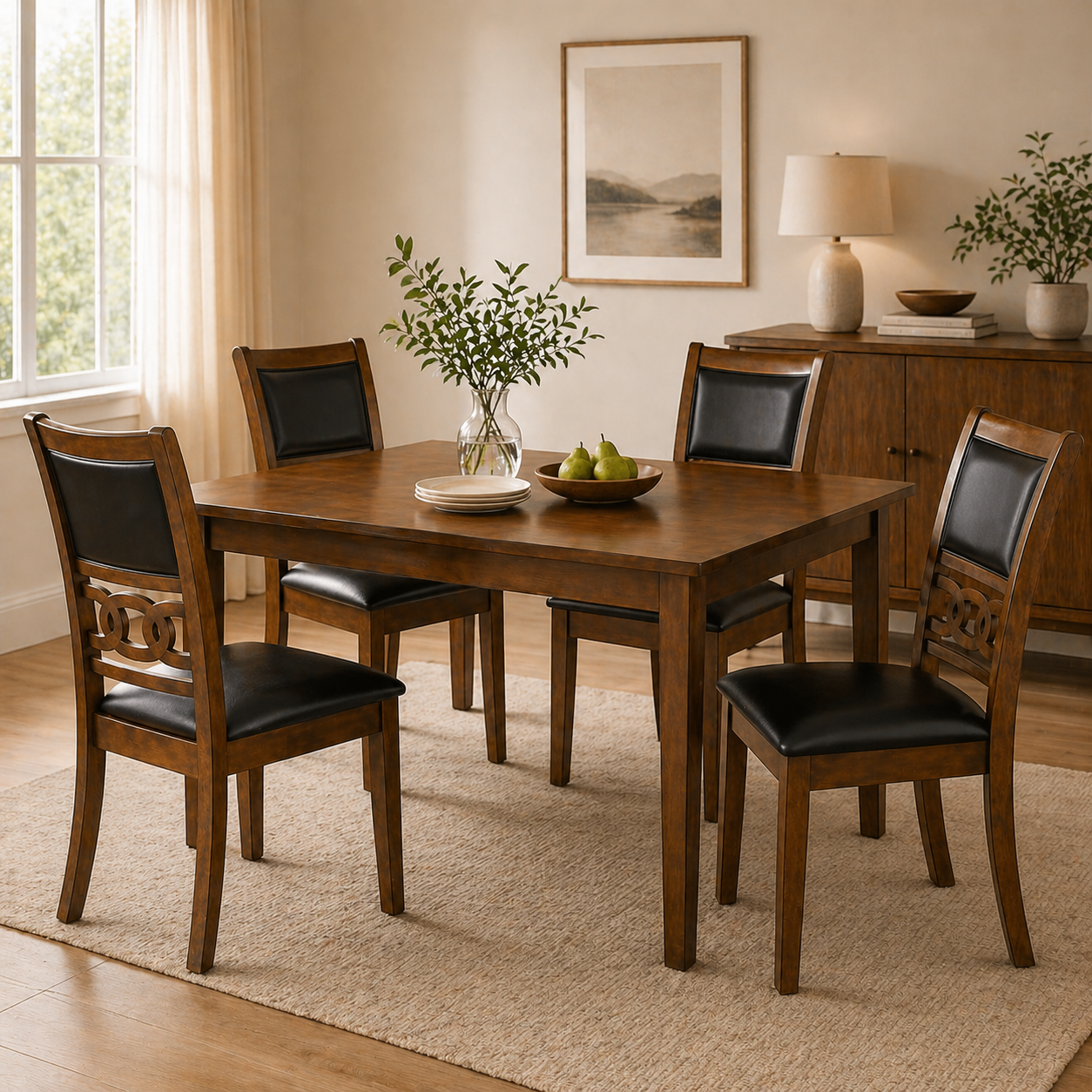 Black & Walnut Dining Chairs - Set of 2 Faux Leather Seats for Dining Room