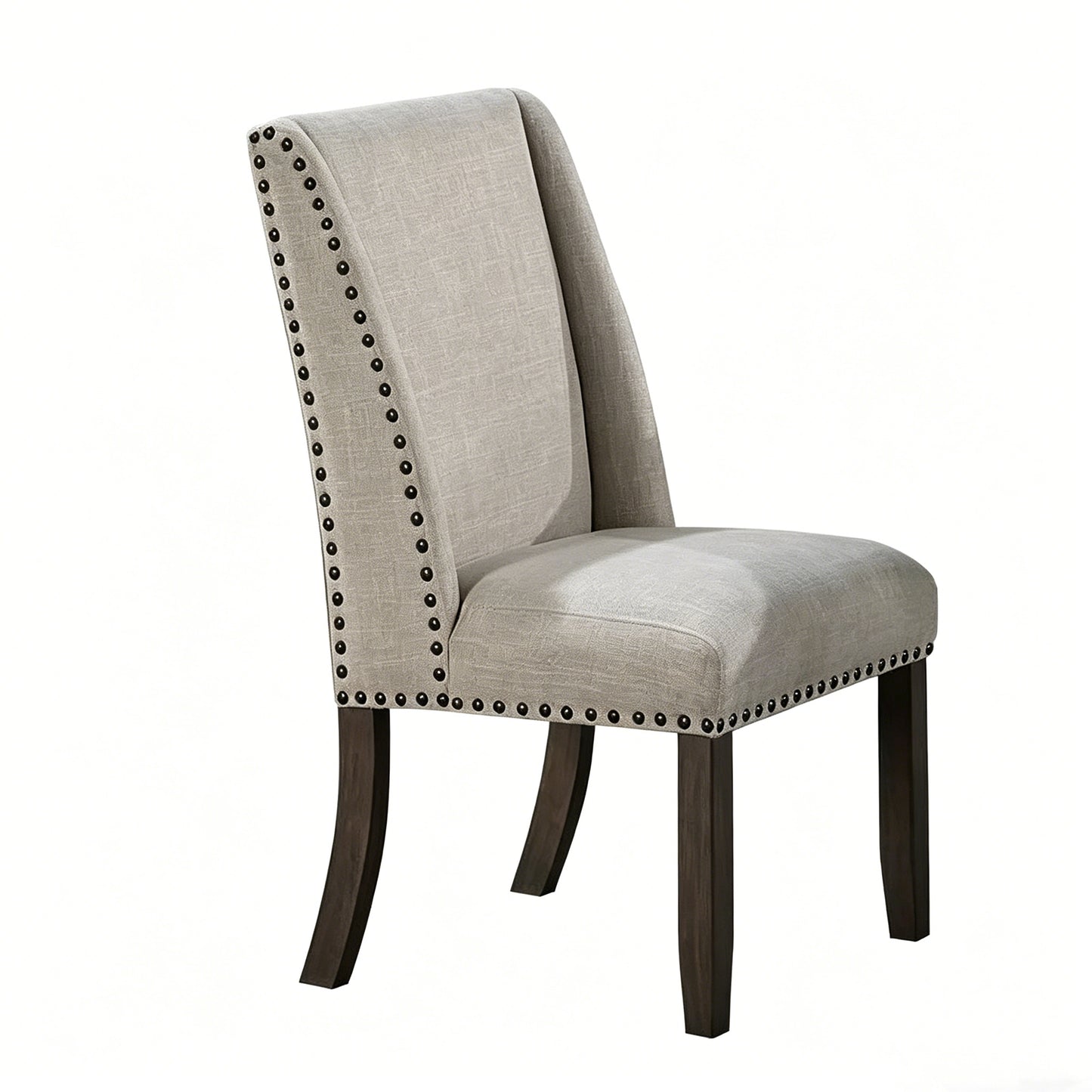 Set of 2 Elegant High Back Dining Chairs Upholstered Gray Fabric Nailhead Trim Solid Wood Legs Classic Style Seating