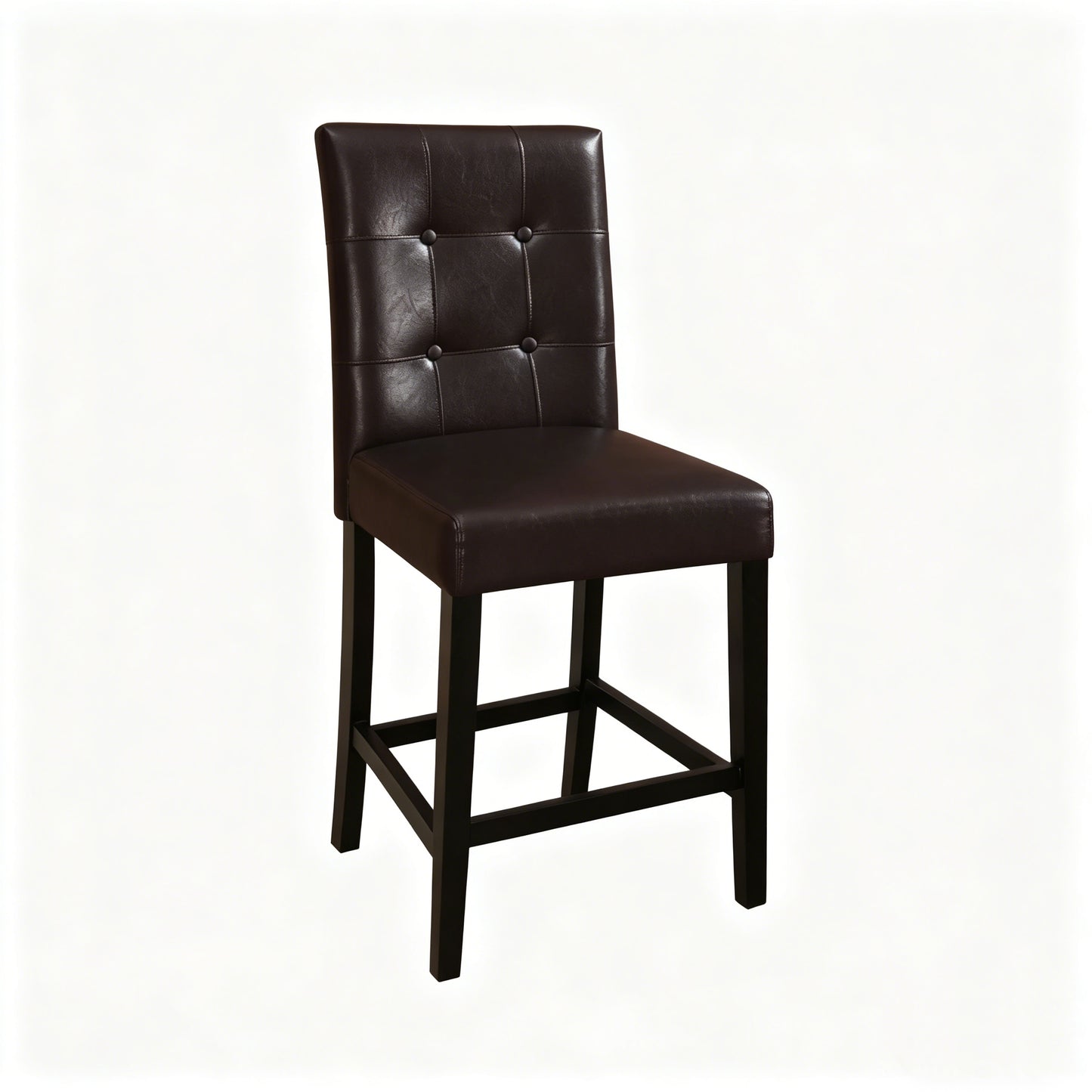 Set of 2 Counter Height Dining Chairs, Upholstered Faux Leather, Tufted High Back, Solid Wood Frame, 24" Seat Height