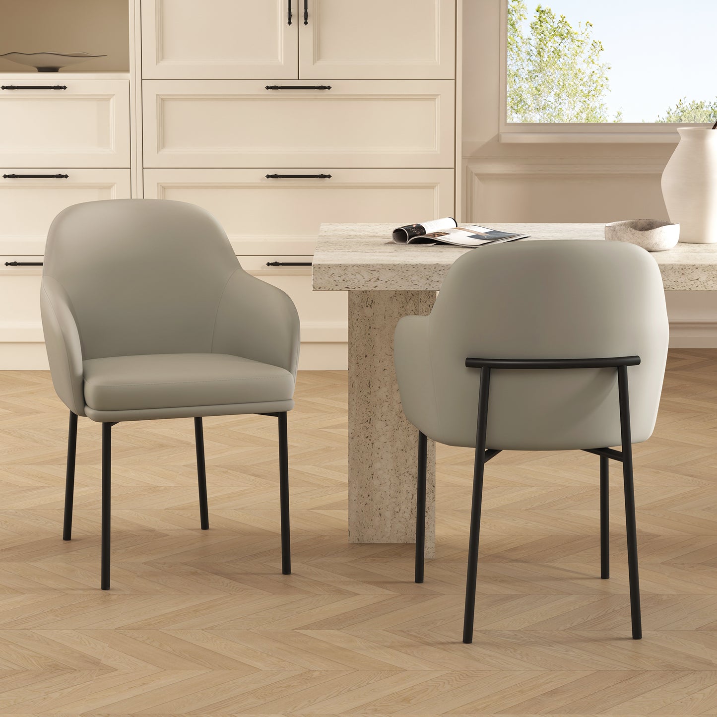Modern Stone Gray Metal Dining Chairs Set | Vegan Leather Seating