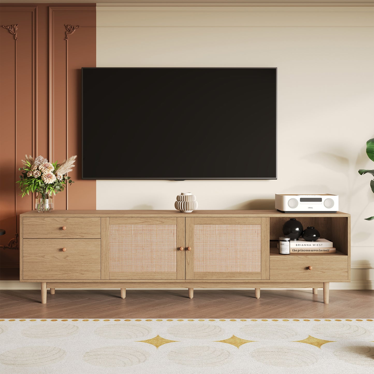 Boho TV Stand for 65, 75, 85 Inch TV, Entertainment Center with Open Storage and Drawers, Modern Wood Media TV Console with Real Rattan