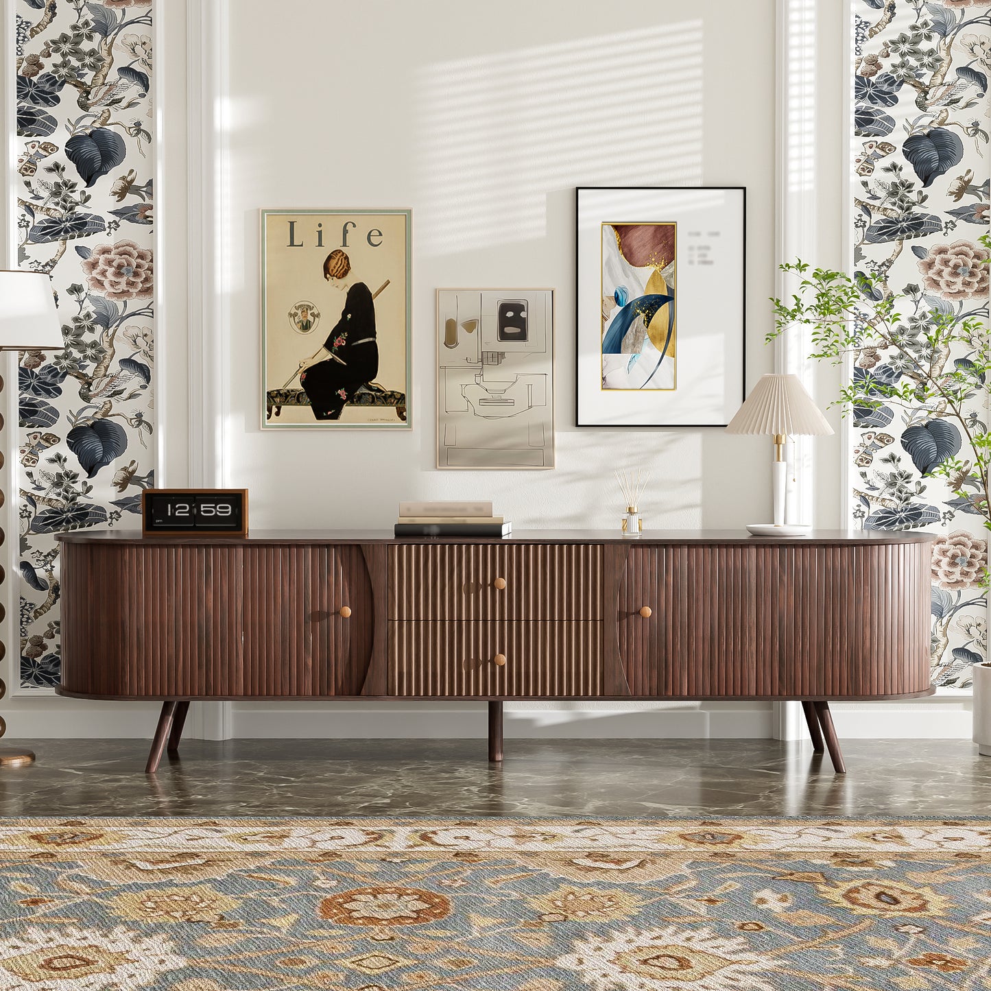 70 Inch Mid Century Modern TV Stand, TV Stand for 80 Inch TV, TV Stand with Tambour Doors, Fluted Drawers, TV Consoles for Living Room, Bedroom