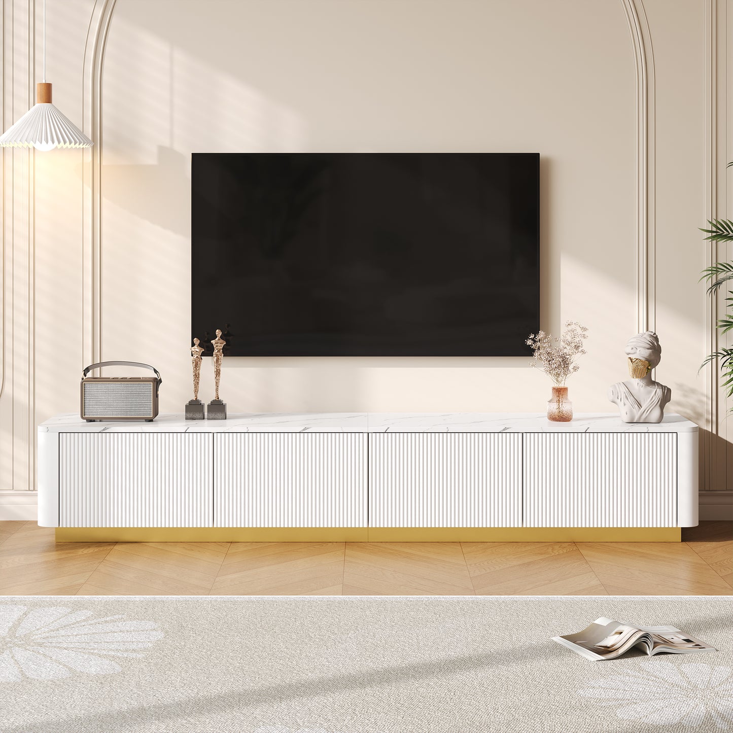 ON-TREND Luxury Fluted TV Stand for TVs Up to 85", Faux Marble Tabletop Media Console with 4 Drawers, Curved Profile Design, Modern Entertainment Center with Gold Base for Living Room, White