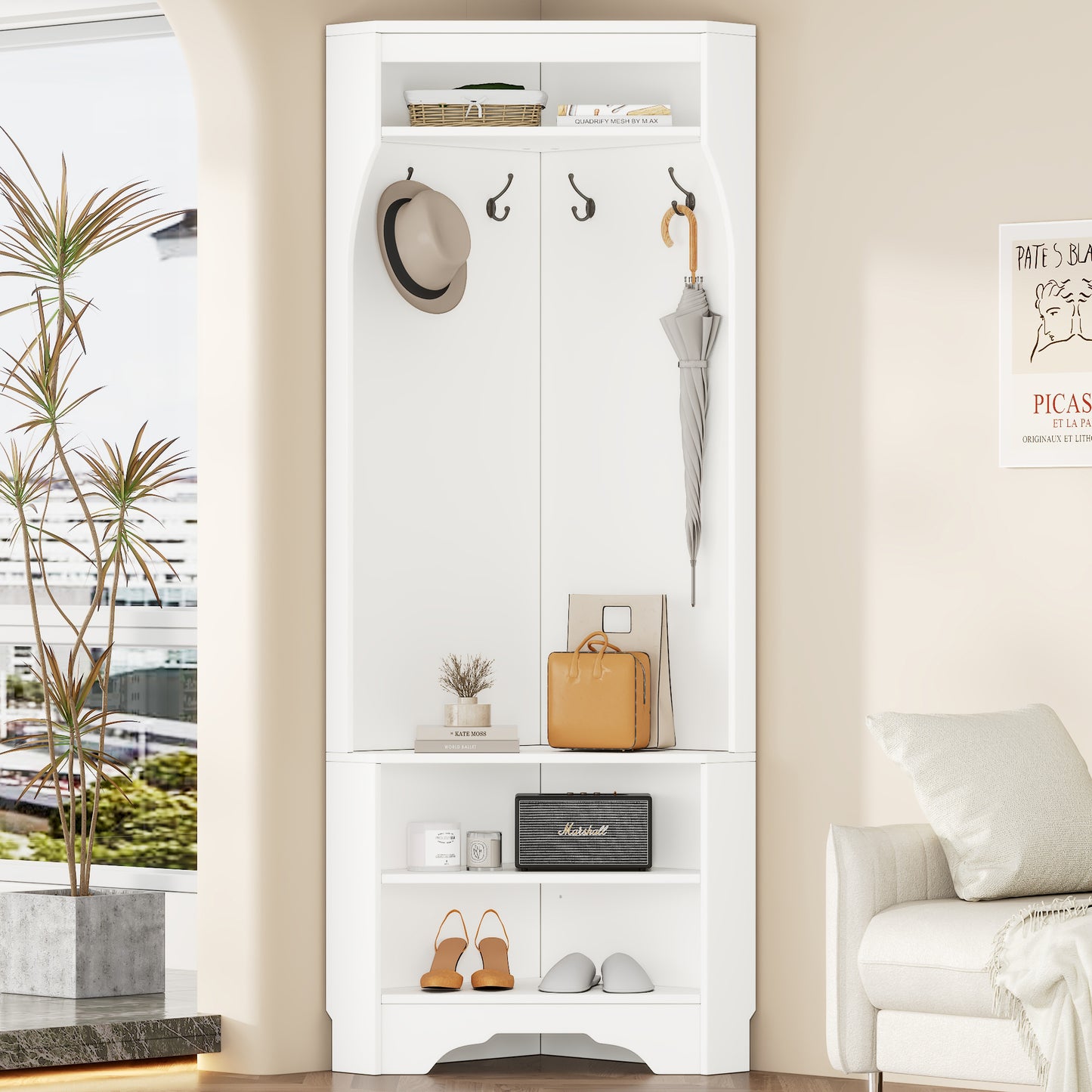 Minimalist Corner Hall Tree with Shoe Bench, Versatile Entryway Coat Rack with 4 Hooks, Corner Cabinet with Adjustable Shelf for Hallway, Living Room, White, 29.5''W*71.6''H (OLD SKU: N721P189665K)