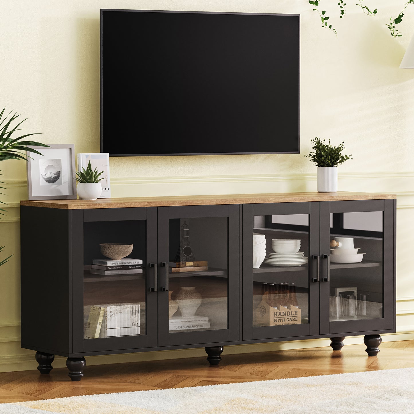 ON-TREND Farmhouse TV Stand with Tempered Glass Doors for TVs Up to 70", Versatile Sideboard with Adjustable Shelves, Elegant Buffet Cabinet with 5 Solid Wood Gourd-Shaped Legs for Living Room, Black